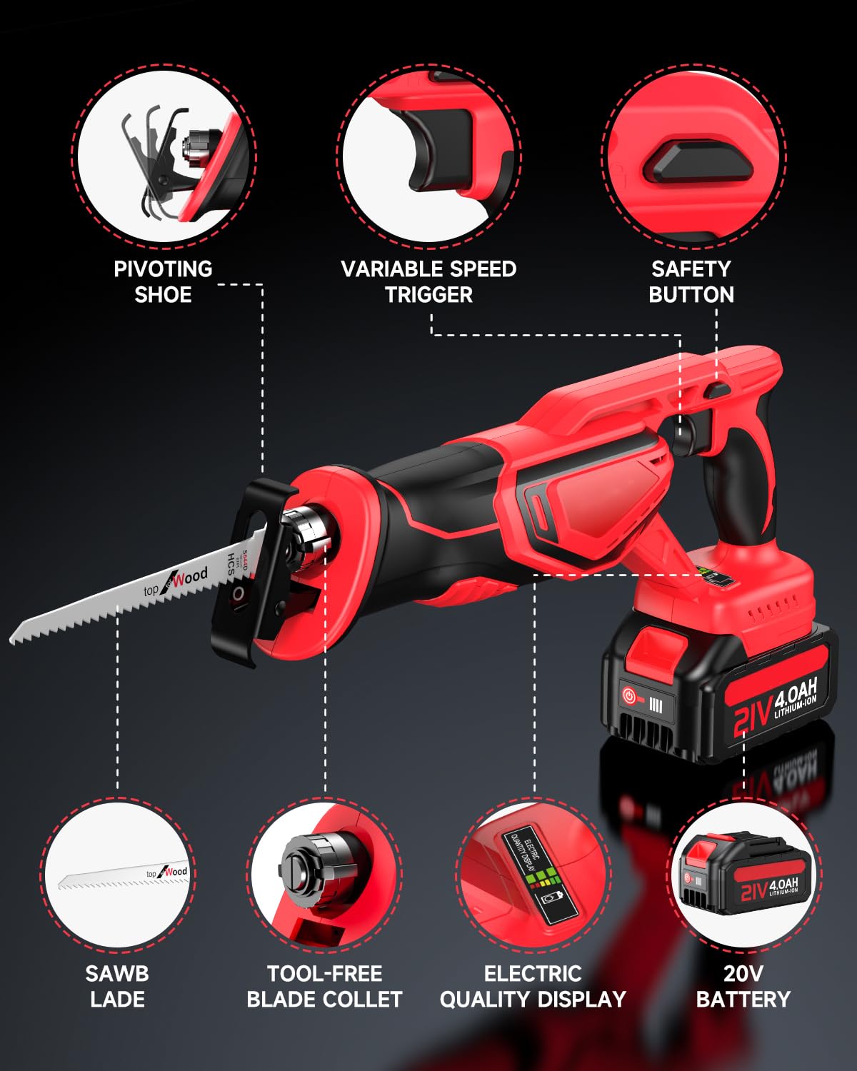 XIAZIR Sierra Sable Inalámbricas, Motor Brushless 3500 CPM, podadora 2×21V 4000mAh Baterías de Alto Rendimiento, Juego de 8 Hojas para Madera, Metal, PVC y Plástico, Sierra Recíproca Portátil