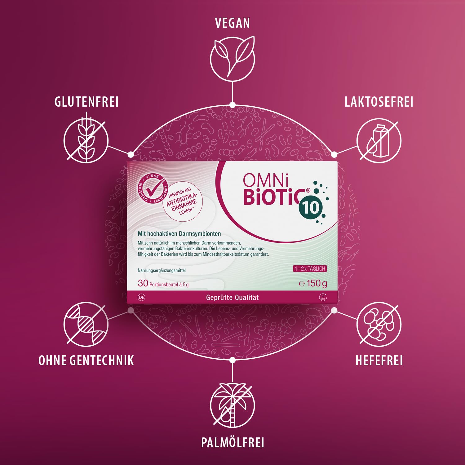 OMNi BiOTiC 10 | Antibiotikum? Darmflora ergänzen | Empfehlenswert ab dem ersten Tag einer Antibiotika-Therapie | Pulver | Zur täglichen Anwendung | Mit Inulin | Vegan | Glutenfrei | 30 Portionen