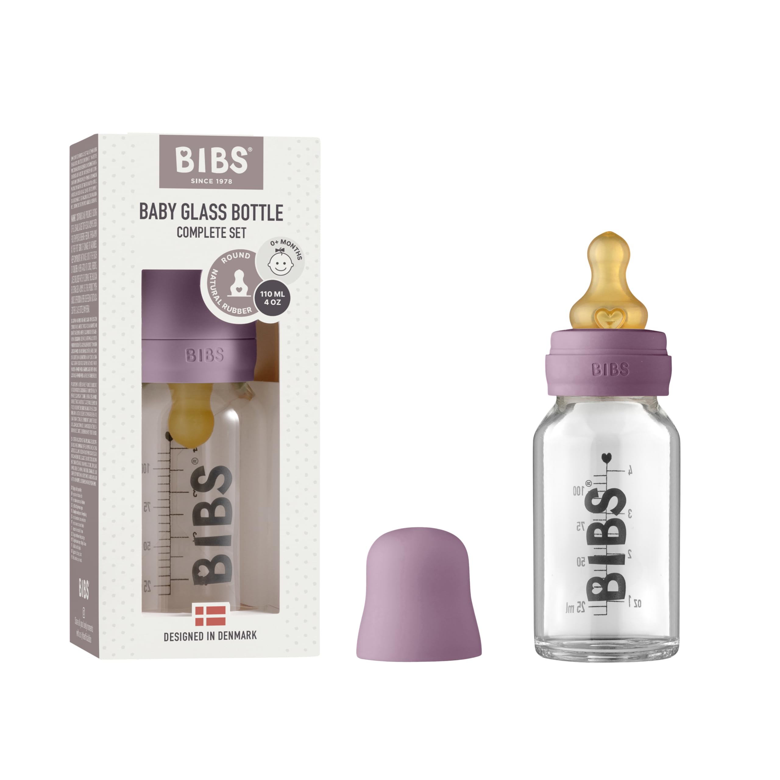 BIBS Baby Glass Bottle 110ml, Vermindert Koliken, Runder Sauger aus Naturkautschuklatex, Unterstützt das Stillen. Complete Set - 110 ml, Mauve