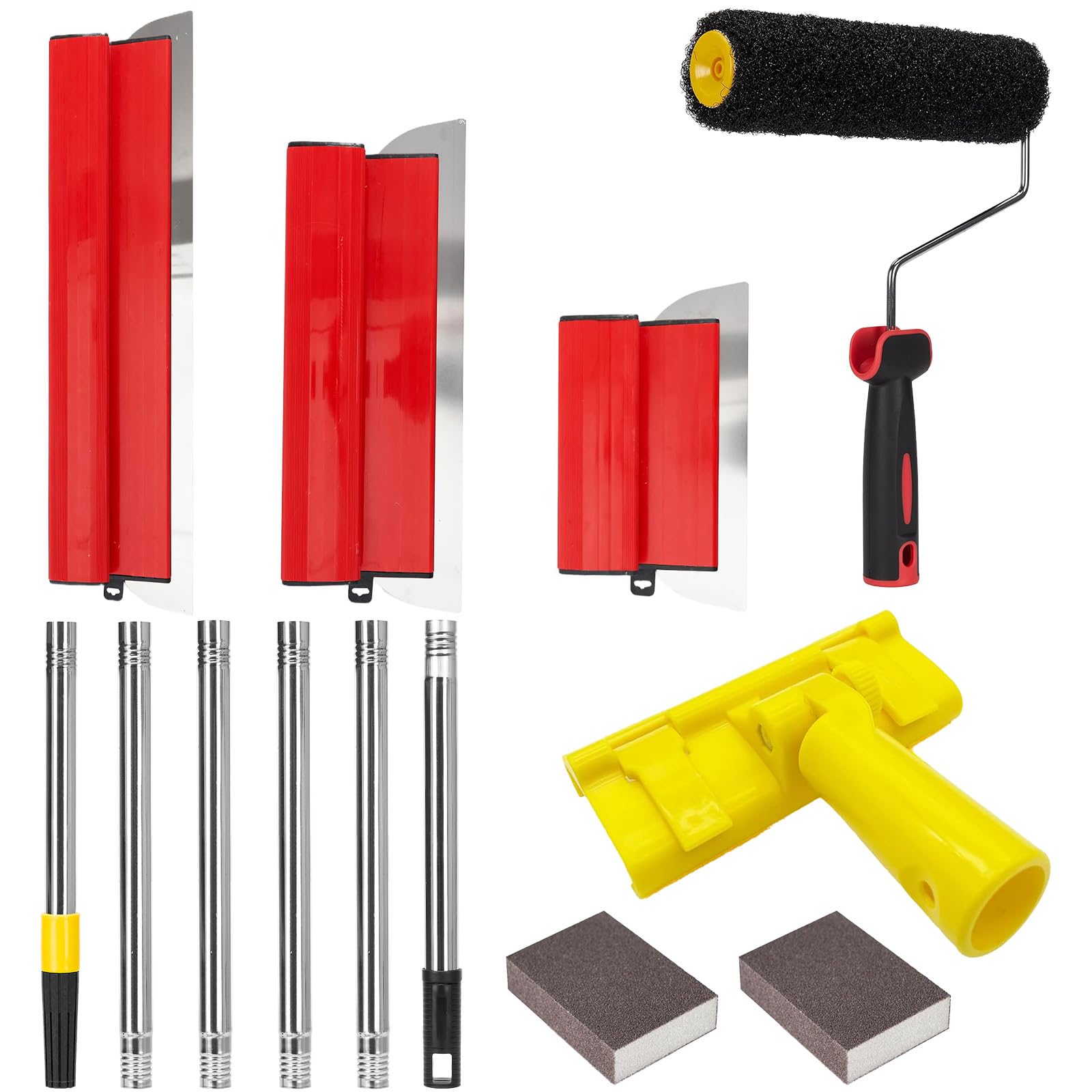 Skimming Blade Set, 25+40+60cm Flexible Stainless Steel Drywall Spatula Trowel Skim Blades, Aluminium Pole & Angle Holder with 9 inch paint rollers – Wall Ceiling Plastering Tools for Smoothing Finish