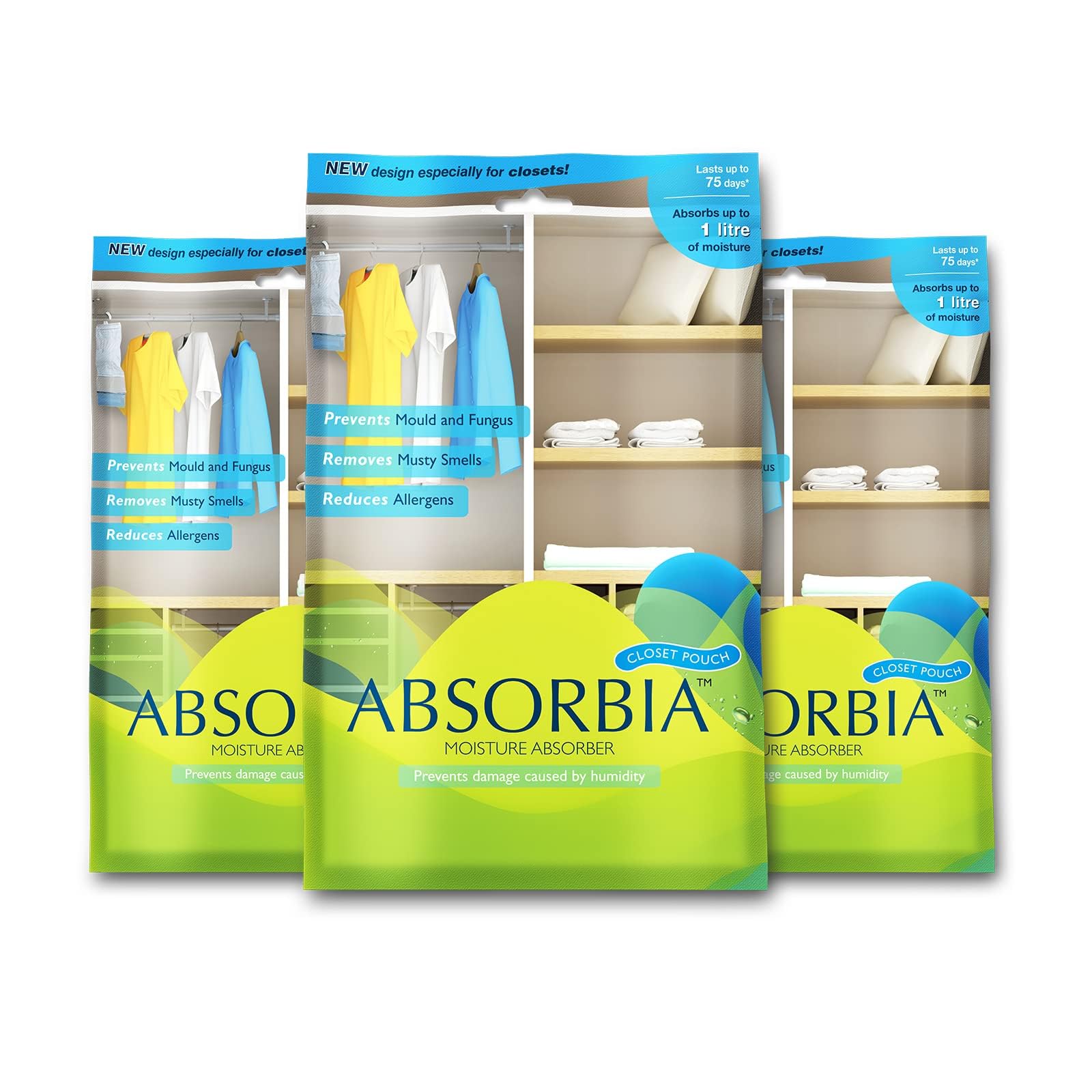 Absorbia Moisture Absorber| Absorbia Hanging Pouch - Family Pack of 3 X 2 (880ml Each) | Dehumidifier for Wardrobe, Closet and Bathroom| Fights Against Moisture, Mould, Fungus & Musty Smells-image-7