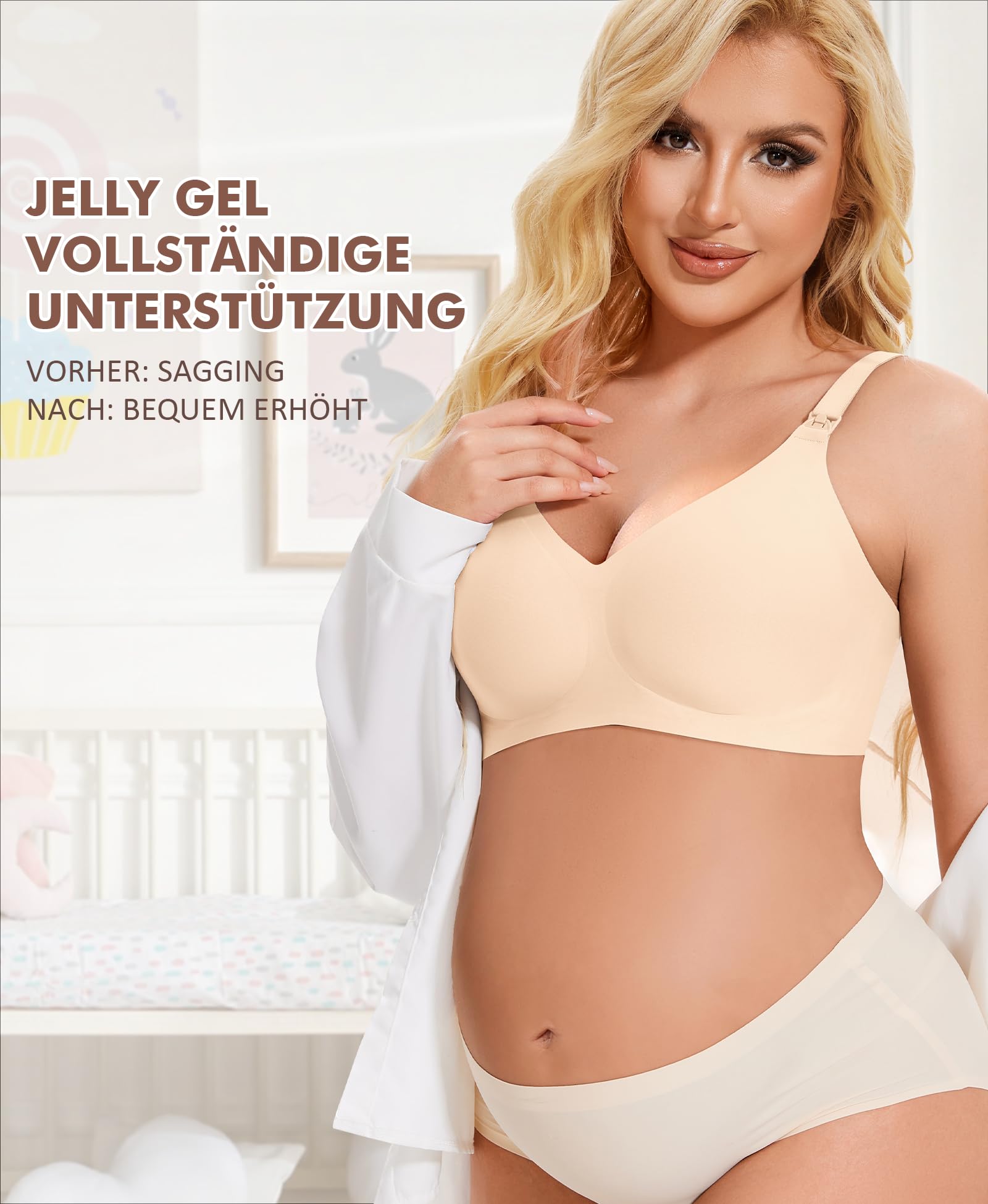 QooNoo Reggiseno per allattamento, senza ferretto, per gravidanza, seni grandi, in cotone, per dormire e allattamento, beige., 3XL