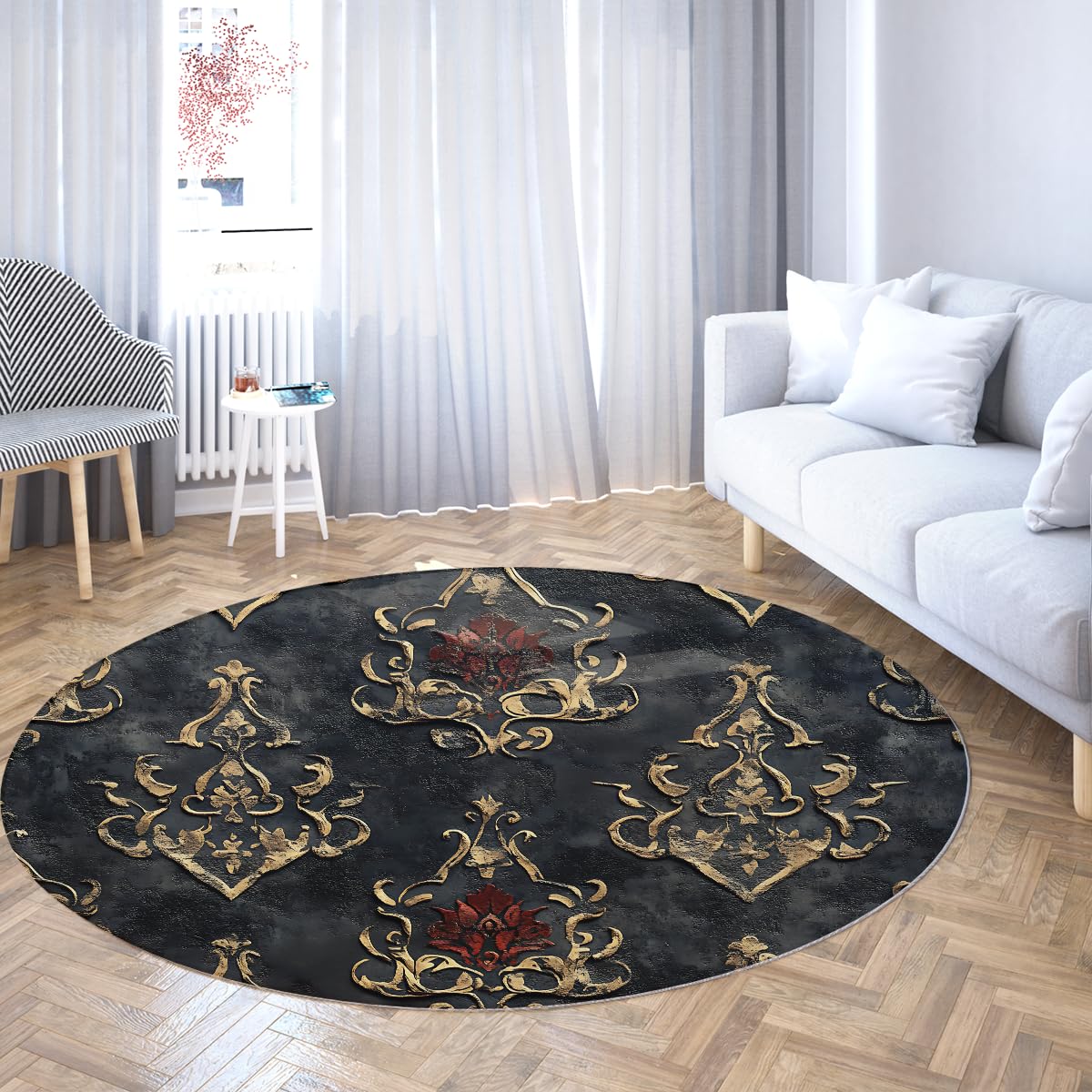 Moquette poil bas ronde style tapis floral vintage oriental 160cm