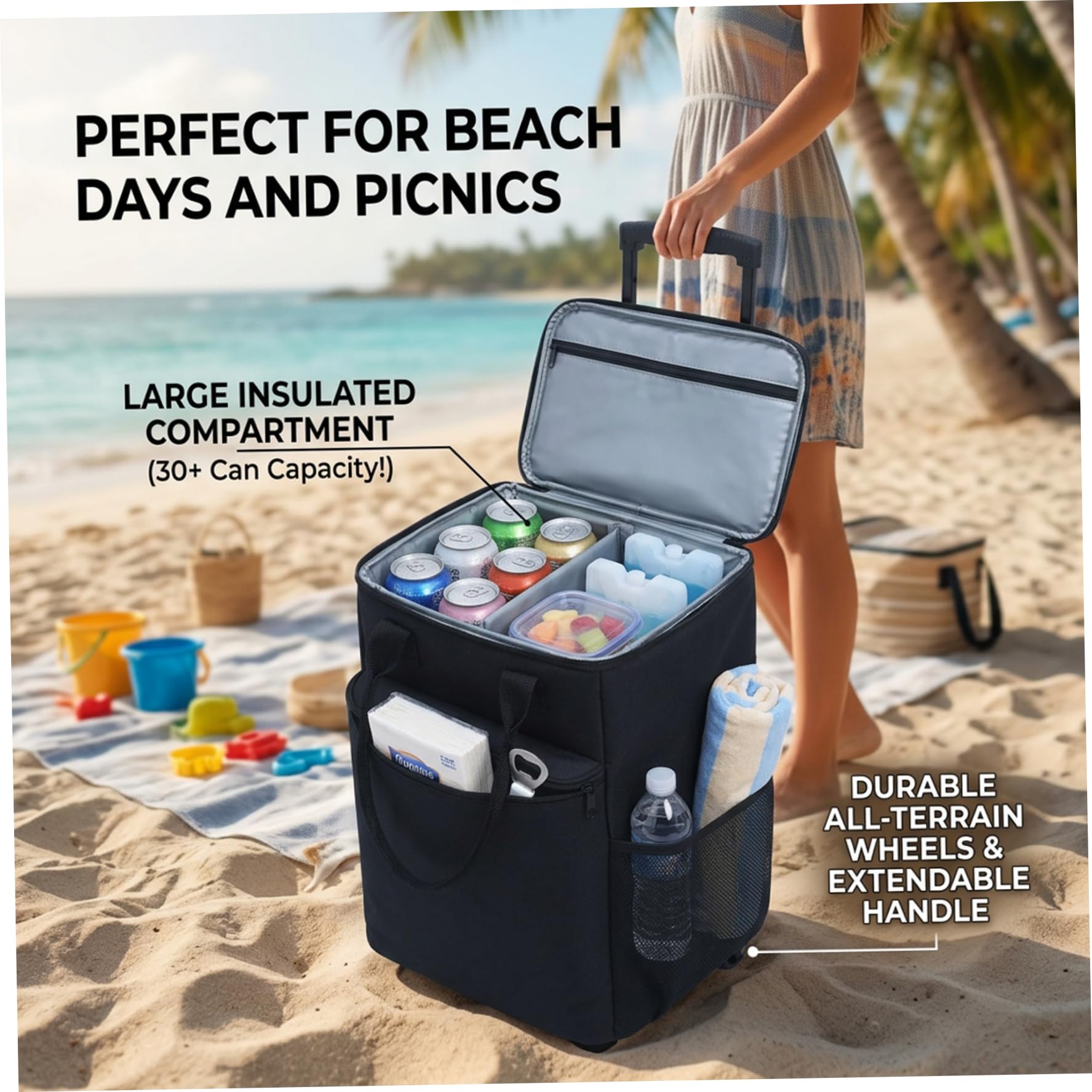 Borsa frigo isolante pieghevole da 38 litri su ruote con maniglia - Borsa per la ritenzione del caldo e del freddo per il campeggio, picnic all'aperto, viaggi in spiaggia