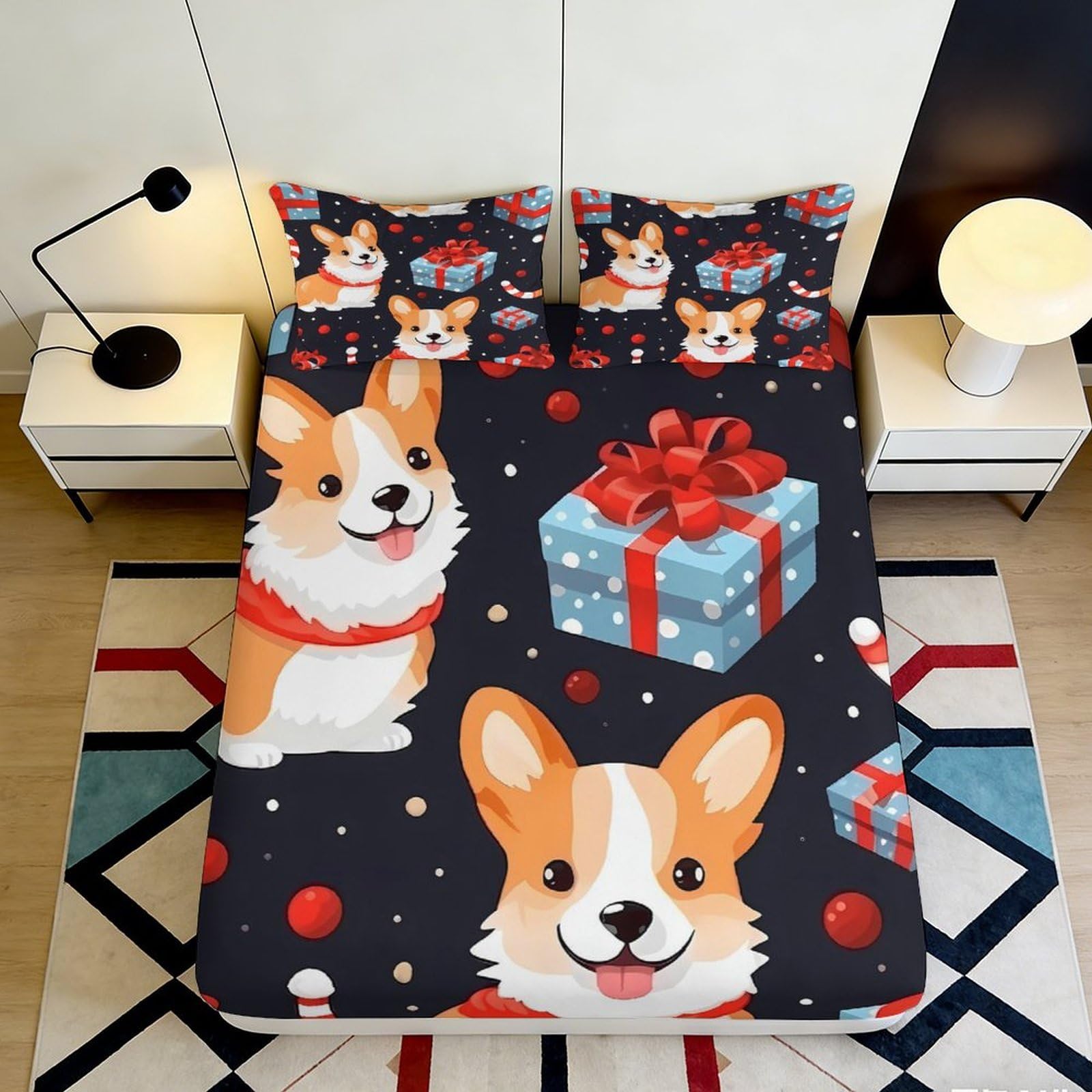 3D Printed Corgi Dog Gift Box Fitted Sheet Microfiber Dark Cartoon Mattress Cover for Bedroom Dorm Mattress Protection Decor 180x200x25cm