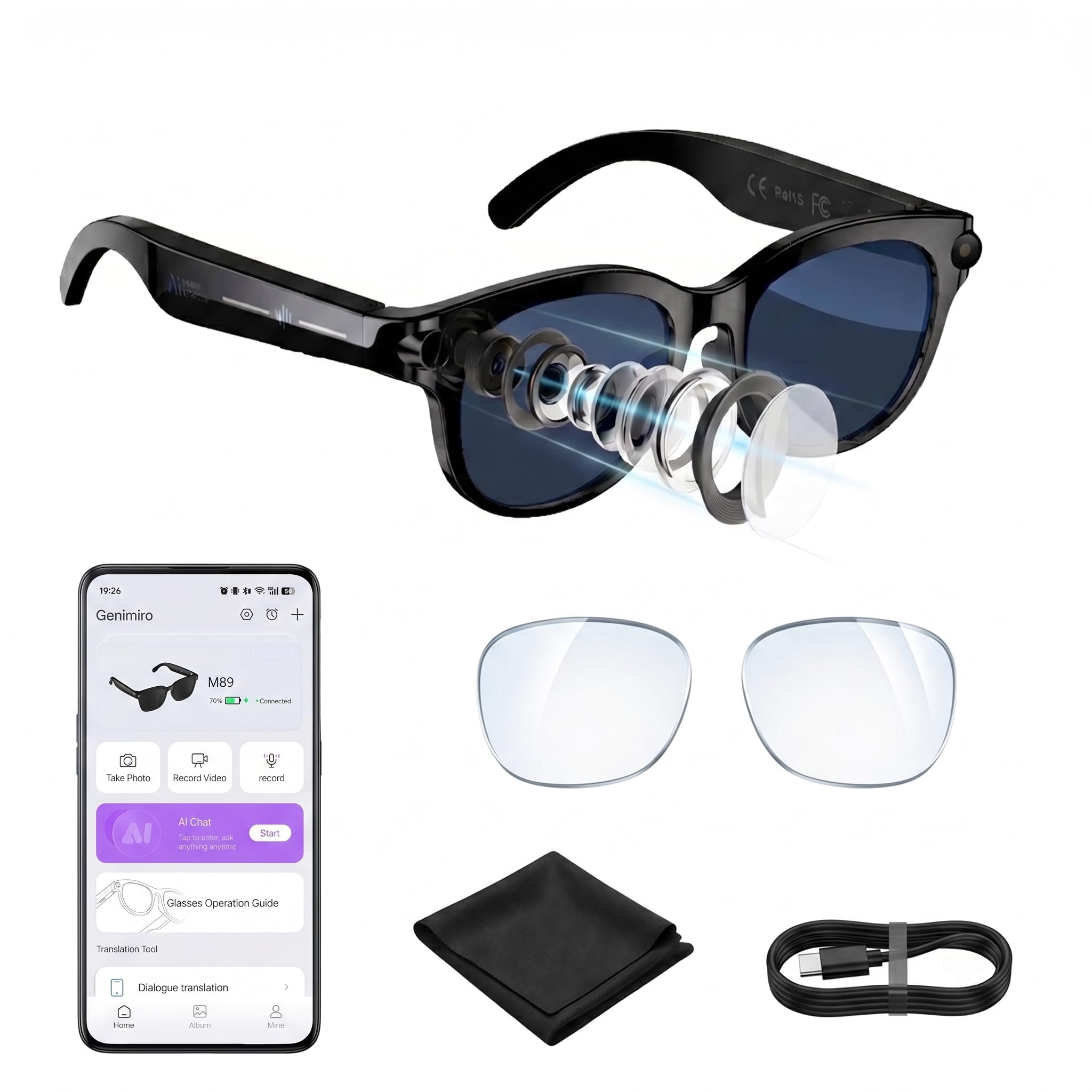 Occhiali intelligenti con IA, con telecamera HD, assistente di chat AI ChatGPT integrato, traduzione in tempo reale/audio a orecchio aperto/registrazione video/chiamate Bluetooth/riproduzione musicale