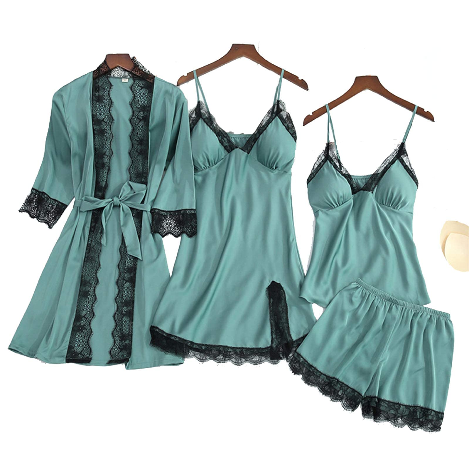 CFWSHJ 4-teiliges Damen-Pyjama-Set, Seidensatin, Spitze, Cami, Nachtwäsche, Robe, Hosen, Nachthemd, Hosen, Dessous-Pyjama-Sets, Grün-S (Rood XXL)