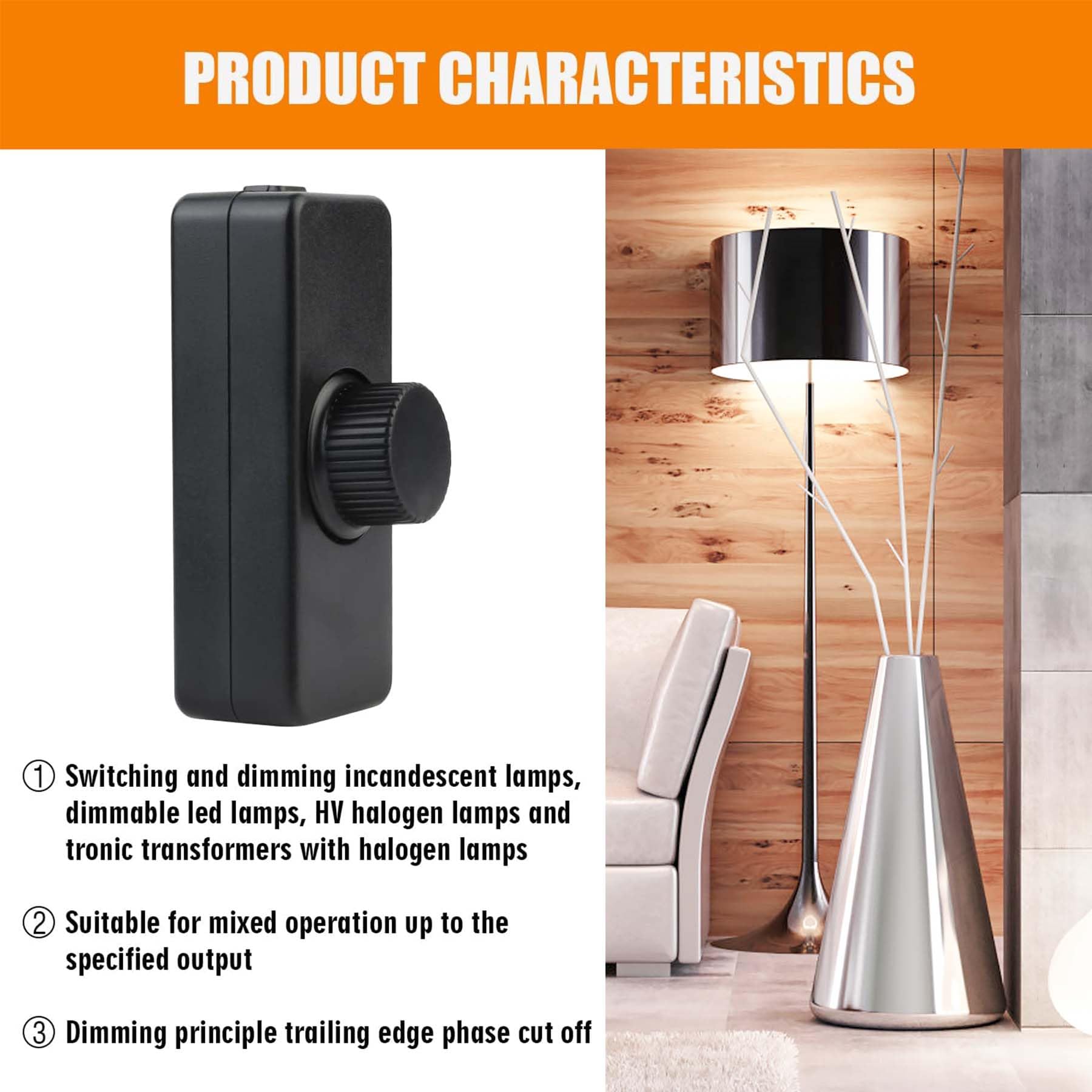 Led snoerdimmer, 220-240 VAC/50 Hz, geruisloze dimschakelaar, 3-100 watt, voor led- en halogeenlampen