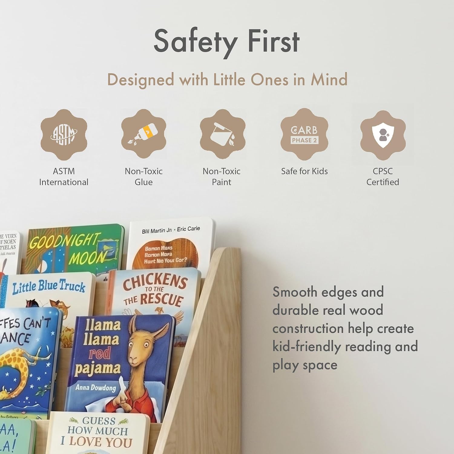 Humble Crew Kids Bookshelf, 5-Tier Front Facing Bookcase, Solid Wood Montessori Toddler Bookcase for Playroom, Bedroom & Reading Corner, 24” Wide