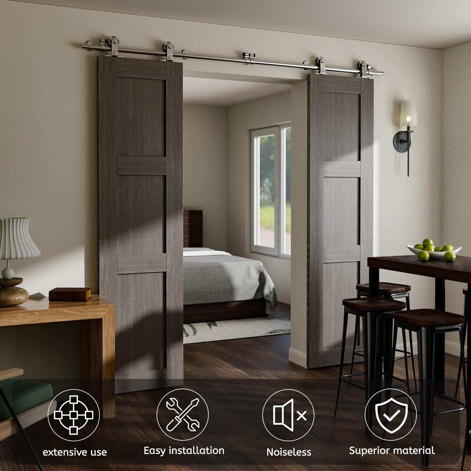 8FT/2.43M Acciaio Inossidabile Kit Accessori per Porta Scorrevole in Legno, Ferramenta Porta Scorrevole Per Doppia Porta