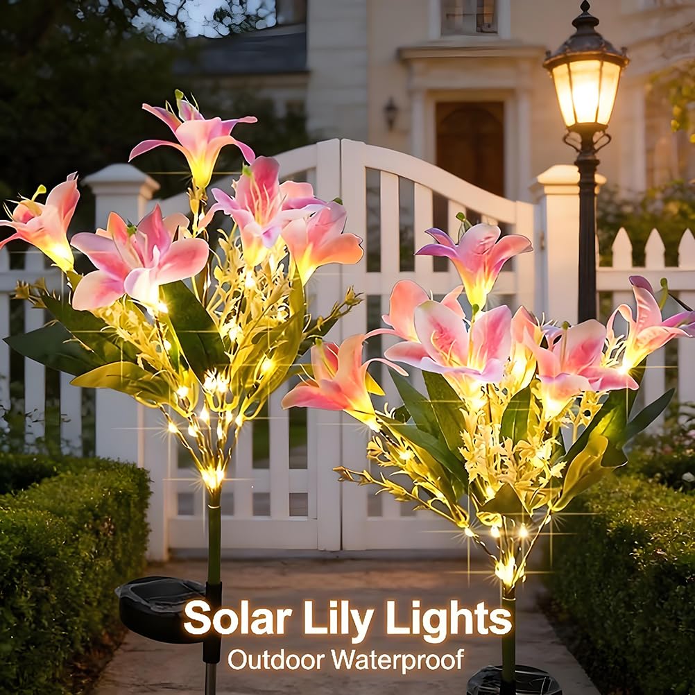 AoLa Confezione da 2 luci solari da giardino per uso esterno, lampada solare LED forma di giglio impermeabile IP65 con spina di terra luce a forma di fiore simulato decorazione, luce calda,Rosa