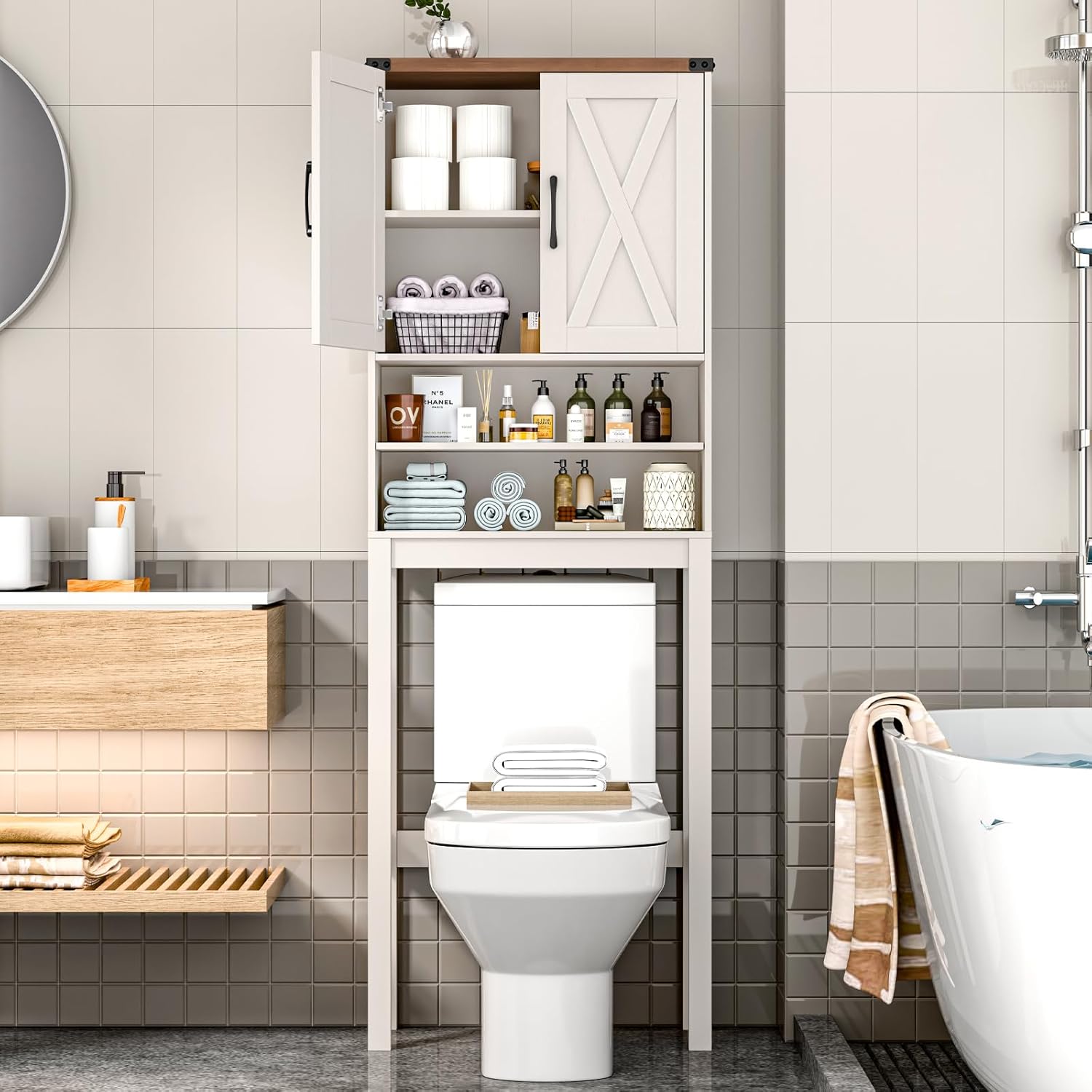 Vabches Over The Toilet Storage Cabinet, Bathroom Organizer with 2 Barn Doors, Farmhouse Space-Saving Toilet Rack with Adjustable Shelf,for Bathroom, Toilet, Laundry Room