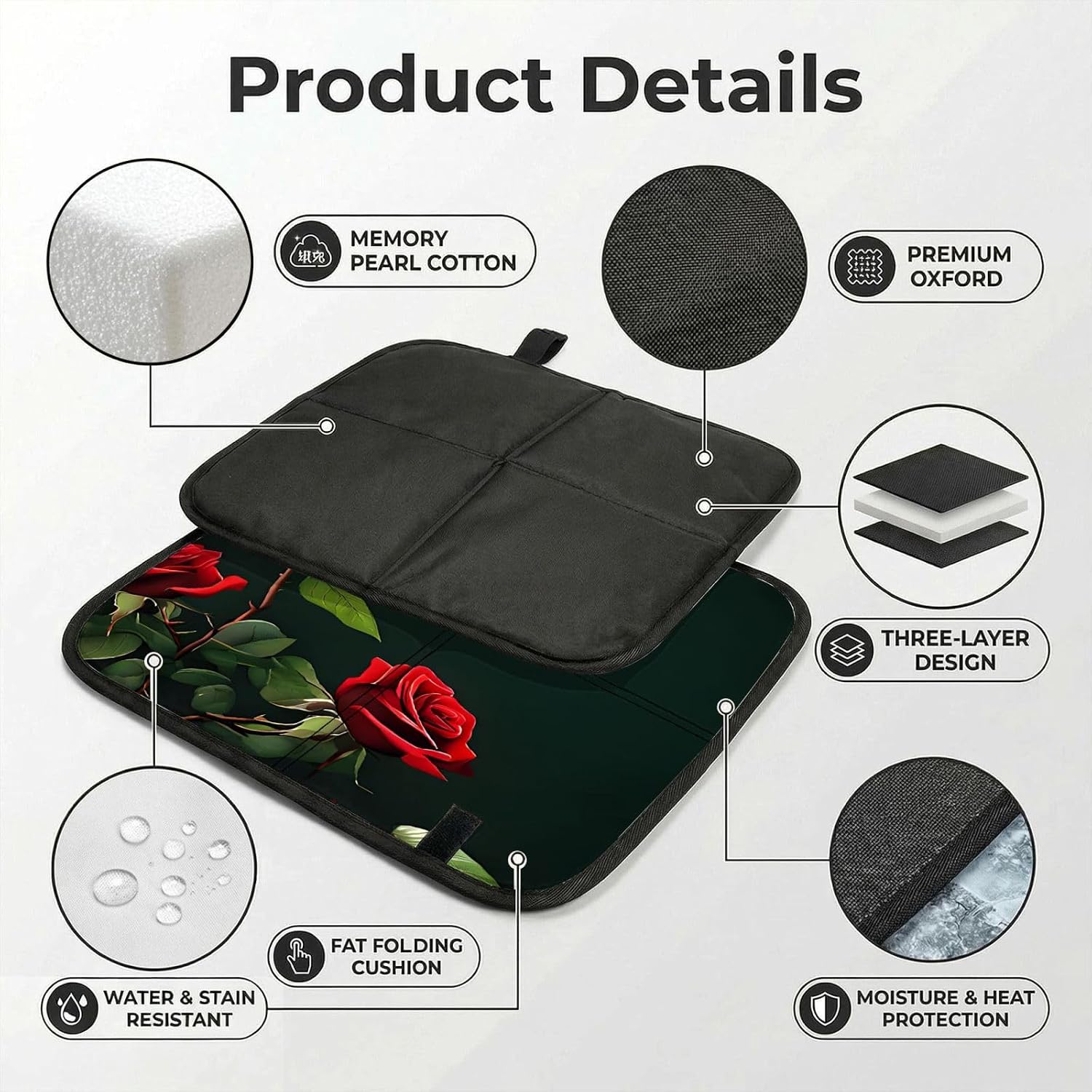 (Red Roses) Sitting Pad Foldable Seat Cushion Lightweight Camping Seat Mat with Hook for Outdoor Hiking Picnic Camping