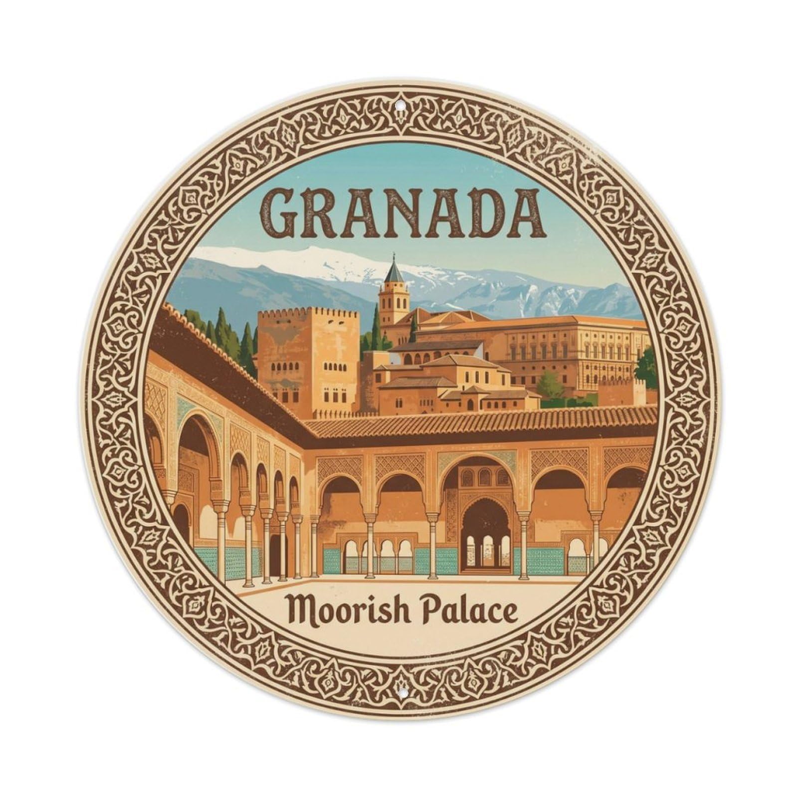 Vintage Travel Palace Granada Alhambra Metal Tin Sign Plaque Wall Decor for Cafe, Club, Garden Round Metal Poster 8x8Inch