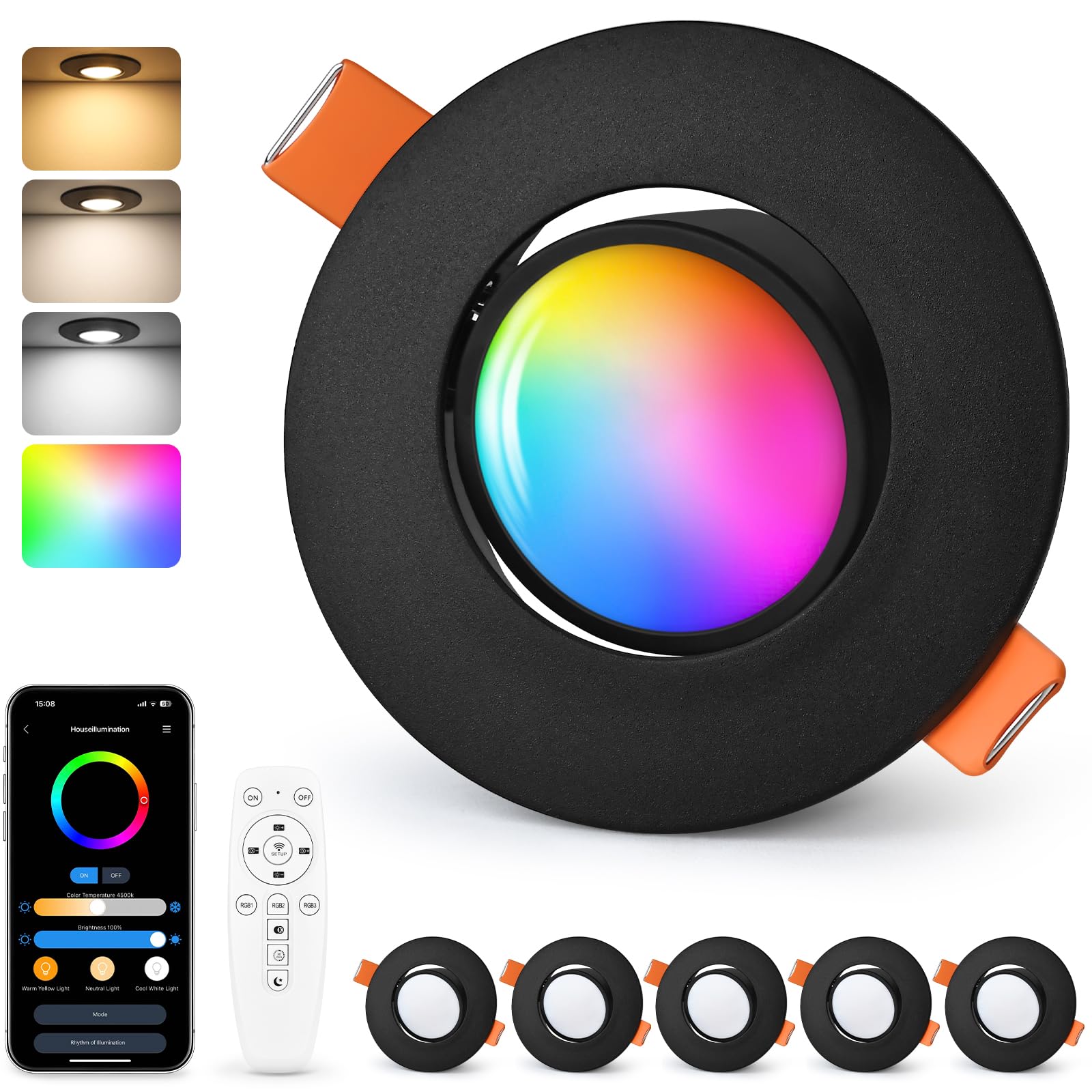 GeyouLux LED Einbaustrahler RGB, Smart LED Spots 230V 2700K-6500K Dimmbar mit APP & Fernbedienung, 68-80mm 5W IP44 Ultra Flach Einbaustrahler, 45° Schwenkbar Deckenspot Schwarz für Badezimmer, 6 Stück