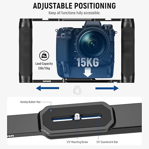 Vista 5 de NEEWER Universal Camera Cage & Top Handle with 3/8" ARRI Locating Pins Kit, Video Rig Camera Stabilizer with Arca Type Base, Dual Handgrips