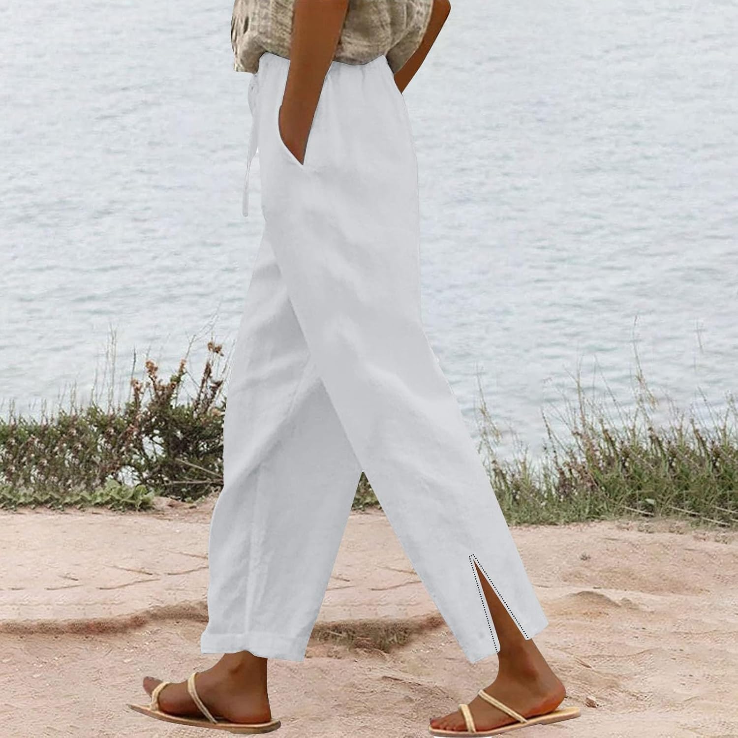Linen Capri Pants for Women Summer Drawstring Cropped Pants Lightweight Elastic Waist Pant with Pockets