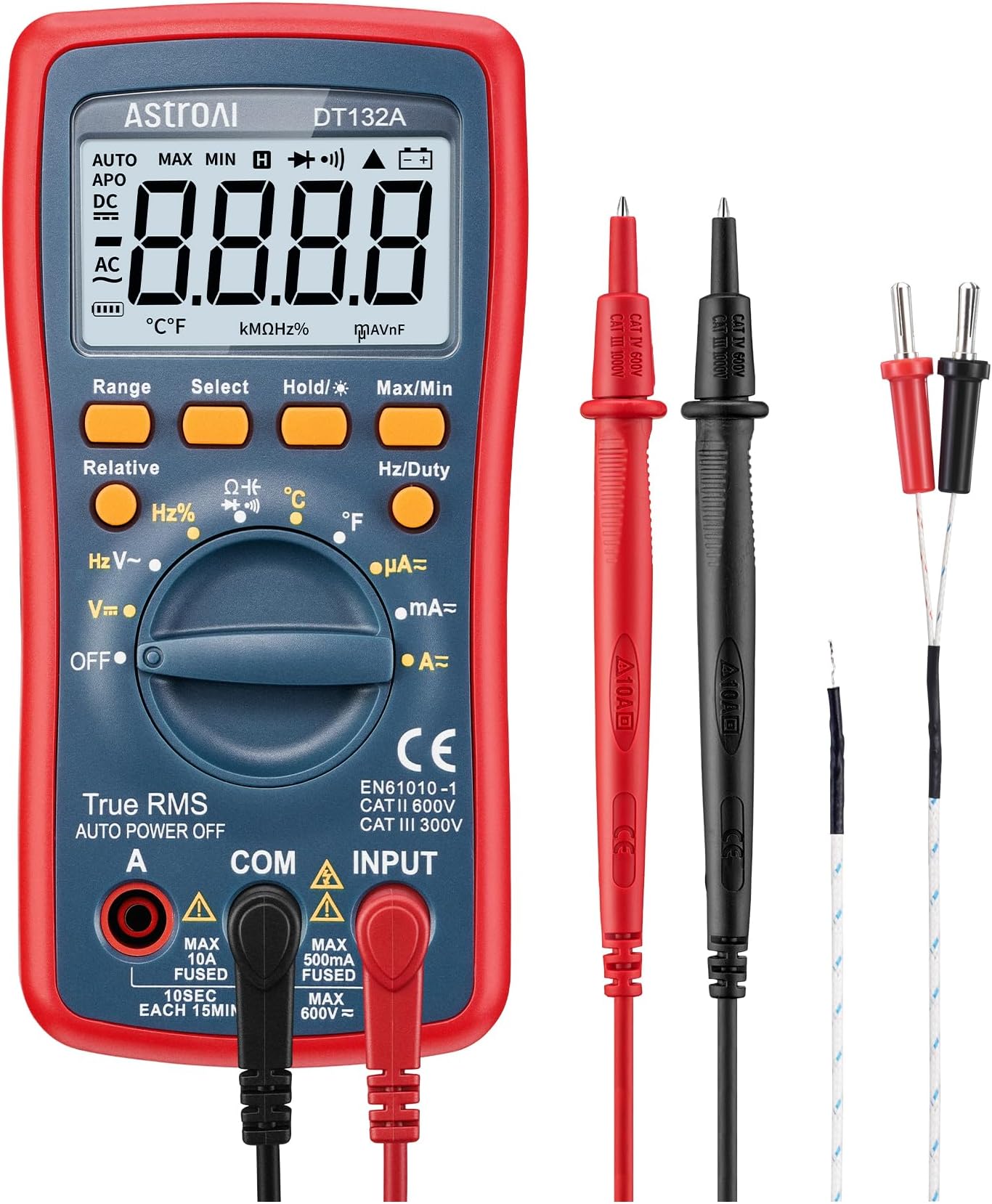AstroAI Digital Multimeter, TRMS 4000 Counts Volt Meter (Manual and Auto Ranging); Measures Voltage Tester, Current, Resistance, Continuity, Frequency; Tests Diodes, Temperature (Red)