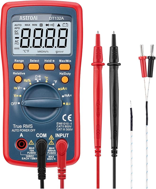 Digital Multimeter, TRMS 4000 Counts Volt Meter (Manual and Auto Ranging); Measures Voltage Tester, Current, Resistance, Continuity, Frequency; Tests Diodes, Temperature (Red)