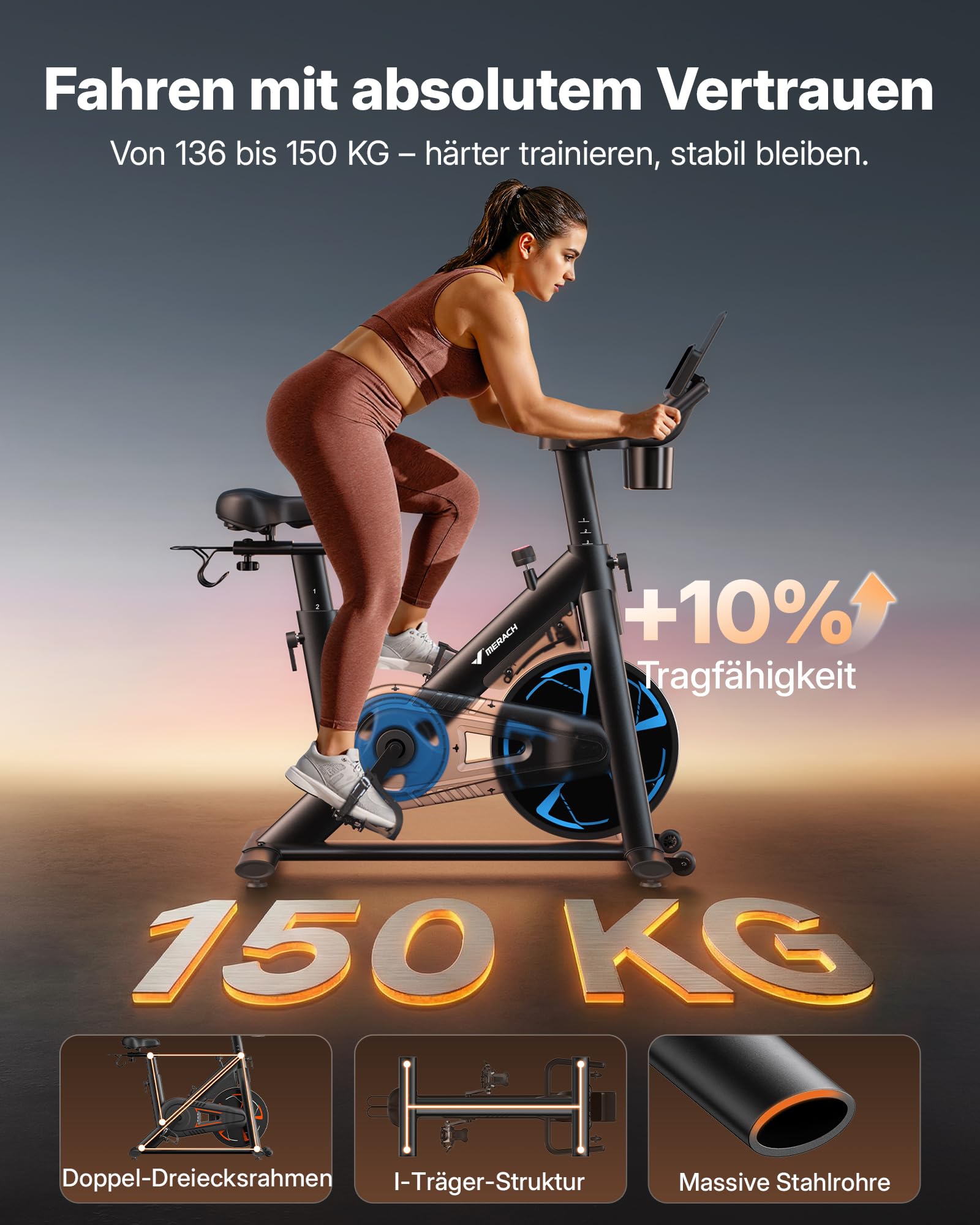 MERACH PRO Heimtrainer Fahrrad mit 8KG High-Inertia Schwungrad für Optimierte Laufruhe, Leises Magnetbremssystem, Verstärkter H-Rahmen, Stoßdämpfender Luftkissensattel, Eigene App, Bis 150KG