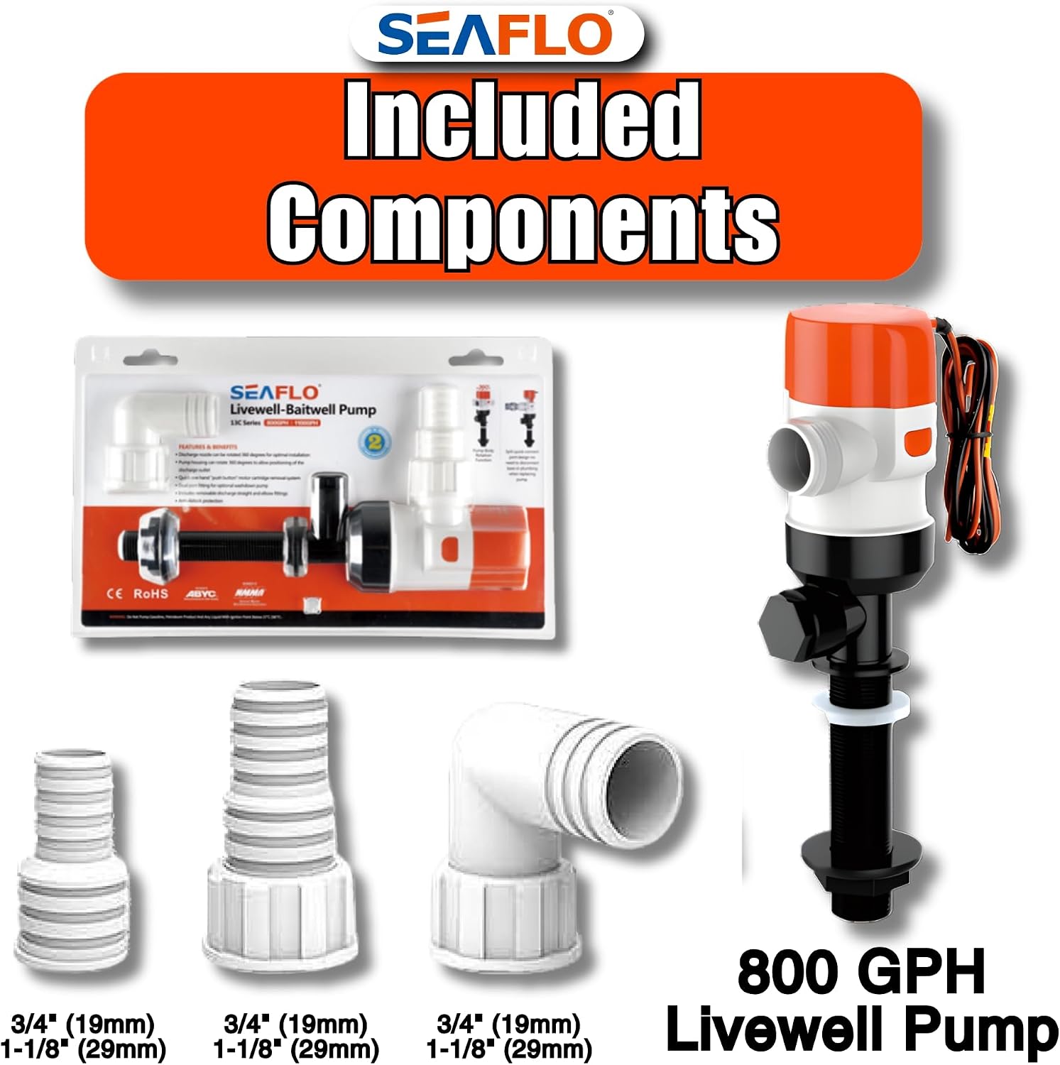 SEAFLO 13C Series 800 GPH Livewell Pump - Extended Tee, 12V, 1 Inch Outlet, 9 ft Head, 3.5A, Anti Airlock, Cartridge Motor, Marine Baitwell Aerator Pump, 4 Year Warranty