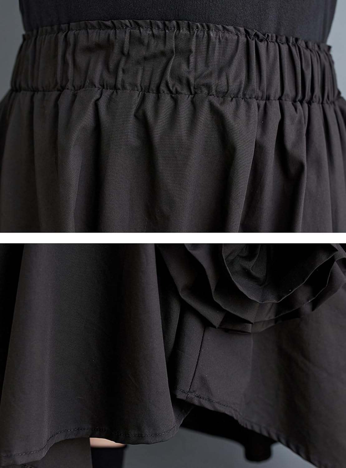 Black Midi Long Skirt for Women Elastic Waist 3D Floral Pleated Asymmetrical Hem Casual Skirt with Pockets