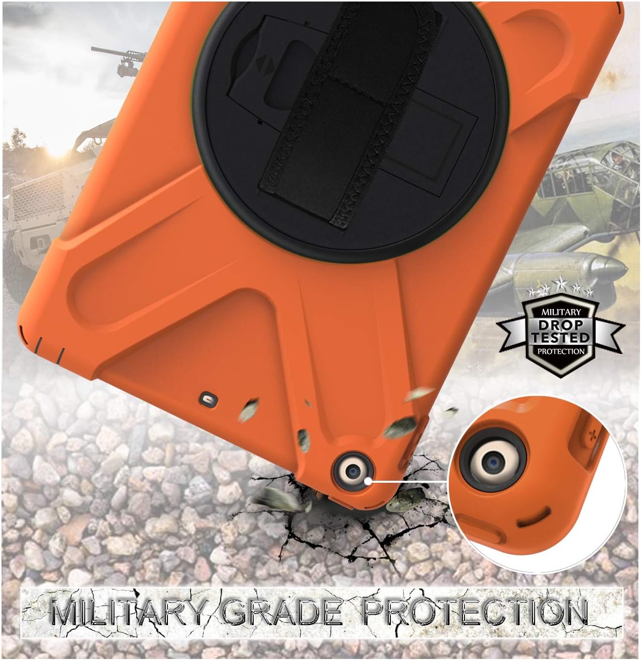 iPad Pro 10.5 Case Cover for Kids, Heavy Duty [Corner Protection] Defender Shockproof Car Case with 360 Degree Rotation Stand, Handle Hand Strap Grip& Neck Shoulder Strap (Orange)
