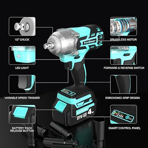 Miniatura 9 de Kit de llave de impacto inalámbrica, pistola de impacto de 12, pistola de impacto de 21 V, sin escobillas, par de torsión de alta velocidad de 445