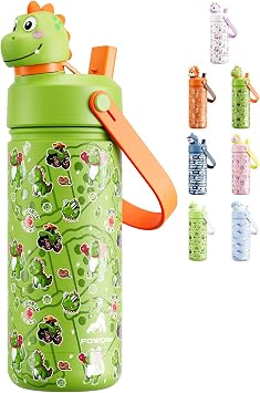 POWCAN Kids Water Bottle for School 2-in-1 Straw Spout Lid with Soft Animal Head, Leakproof, Backpack Friendly, Keep Cold 24H, Insulated cup for Sports, Playground, Holiday Gift, Cowboy Rex 18 Ounces