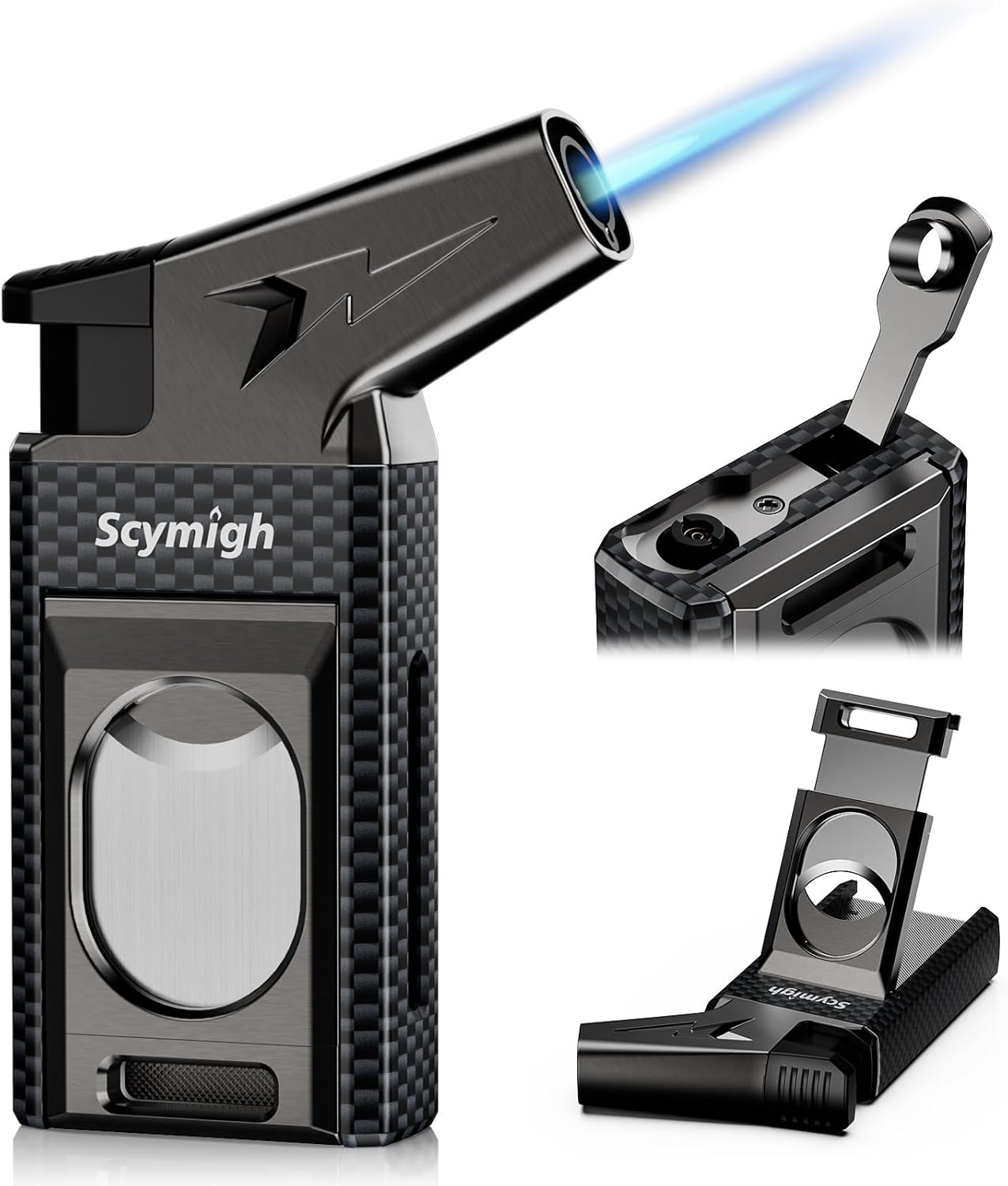 Torch Lighter with Straight Cutter, All in One Windproof Jet Flame Butane Lighter, Built in Punch, Refillable, Portable for Outdoor Travel, Gifts for Men