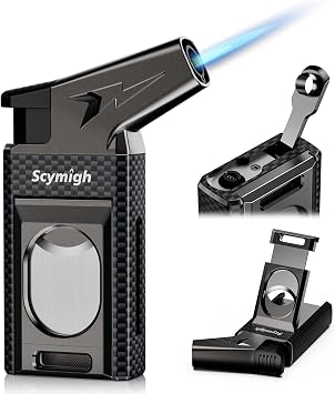 All-in-one Torch Lighter with Straight Cutter and Built in Punch, Windproof Jet Flame Butane Lighter, Refillable Portable Lighter Gift for Men, Outdoor Travel and Candle Use
