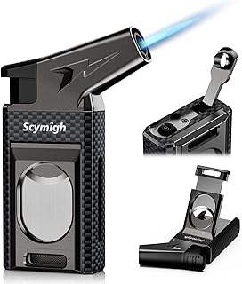All-in-one Torch Lighter with Straight Cutter, Built-in Punch, Powerful Windproof Jet Flame, Multifunctional Travel Accessories, Gifts for Men, Refillable Butane Lighters for Candle (Without Fuel)