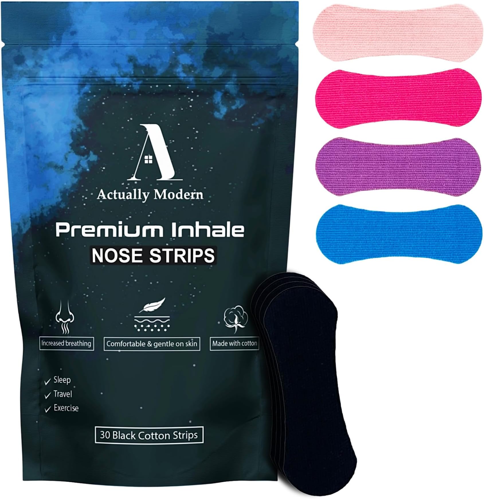 Inhale Nasal Strips for Sleeping - Nose Tapes for Breathing - Anti Snoring Solution & Nasal Congestion Relief Nasal Tape - Universal Fit, Extra Strength for Sensitive Skin (Black)