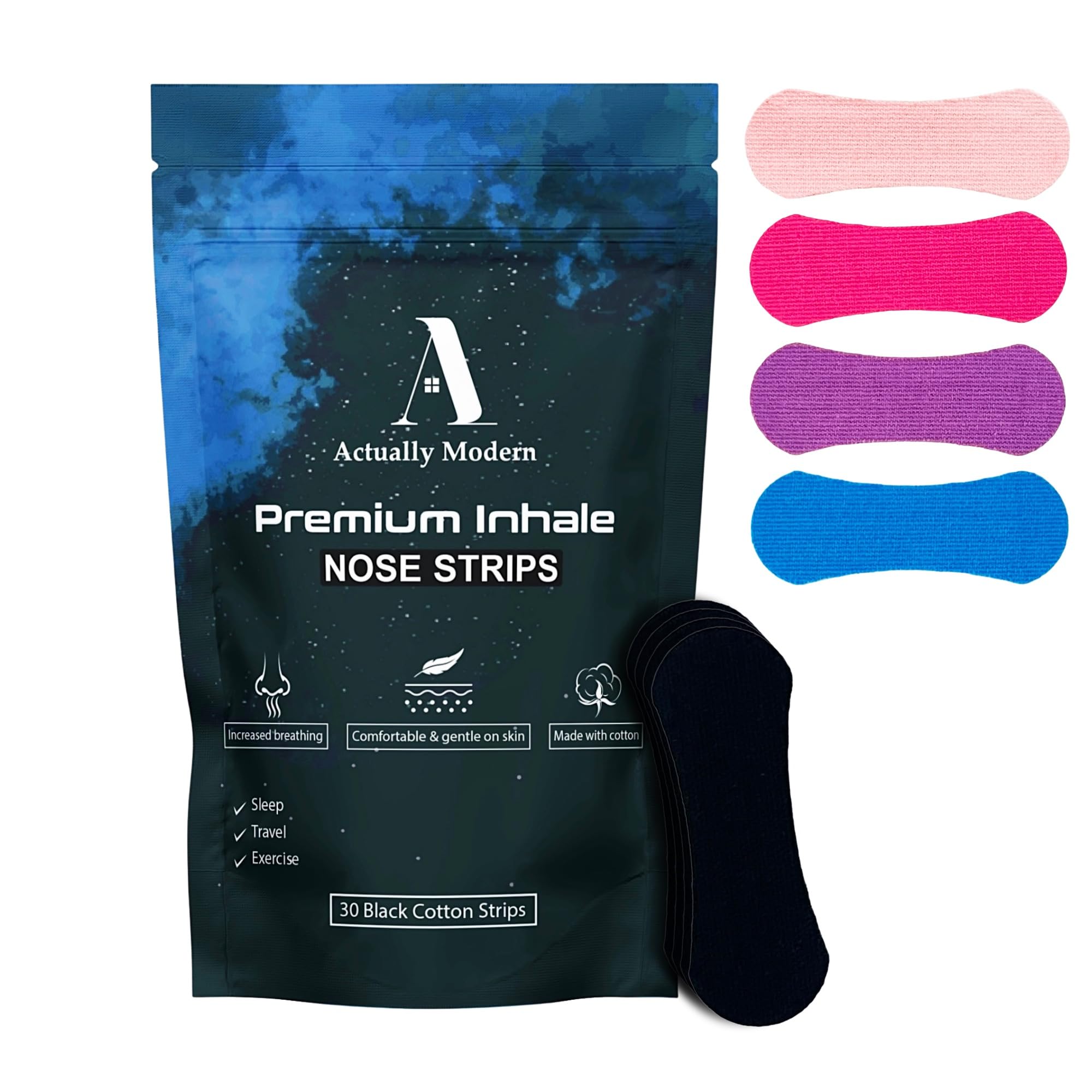 Actually Modern Inhale Nasal Strips for Sleeping - Nose Tapes for Breathing - Anti Snoring Solution & Nasal Congestion Relief Nasal Tape - Universal Fit, Extra Strength for Sensitive Skin (Black)