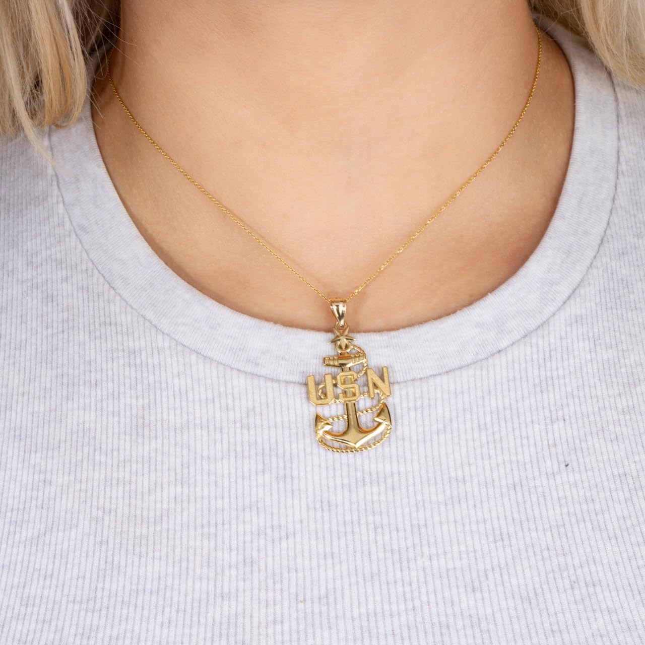 14K Yellow, White or Rose Gold 1-1/2” Officially Licensed United States Navy Fleet Senior Chief Petty Officer Anchor Emblem Pendant - Choice of Metal Color