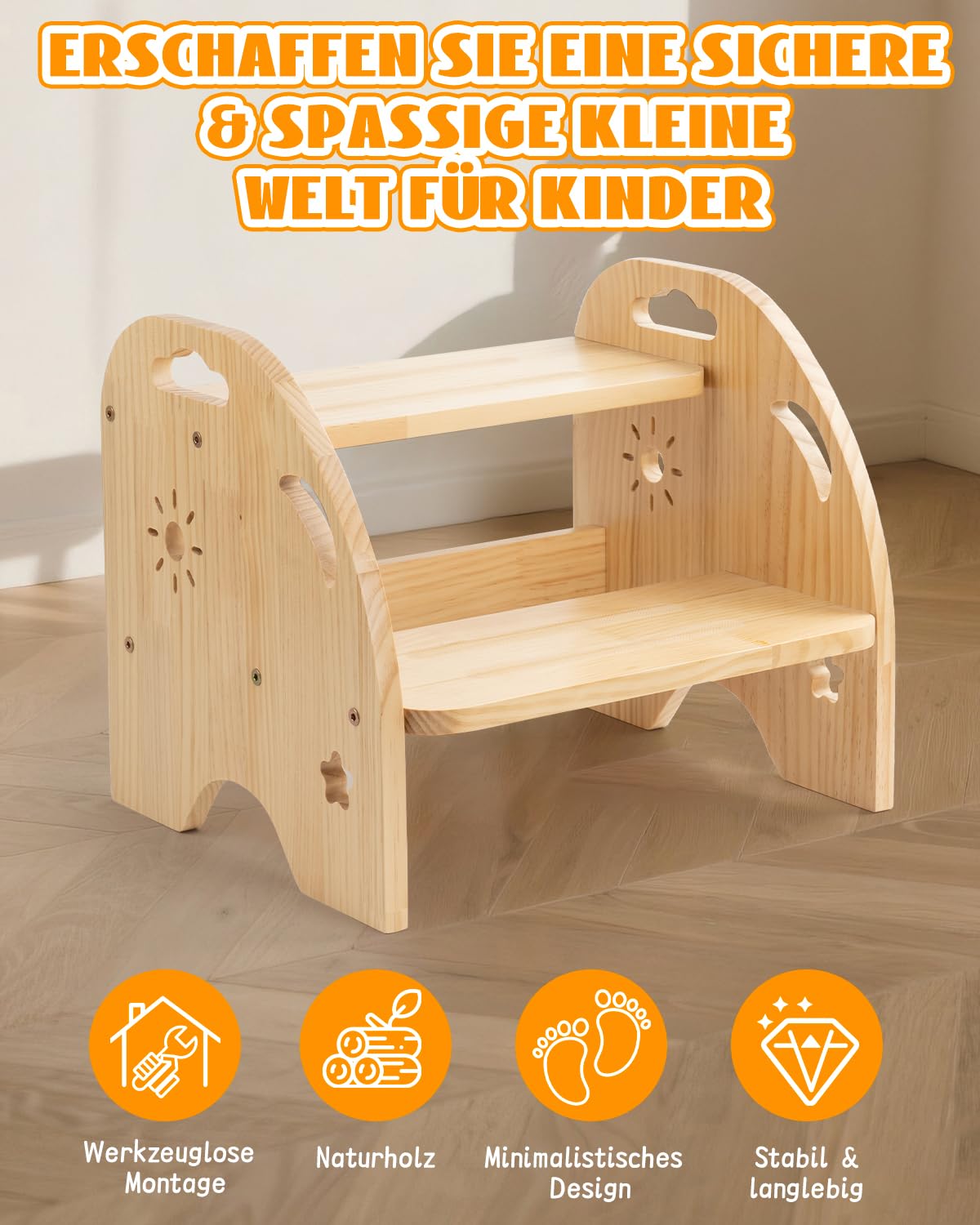 Tritthocker Kinder Holz 2 Stufen – Rutschfester Kinderhocker mit Griff – 80kg Belastbarkeit für Küche & Bad ab 3 Jahren