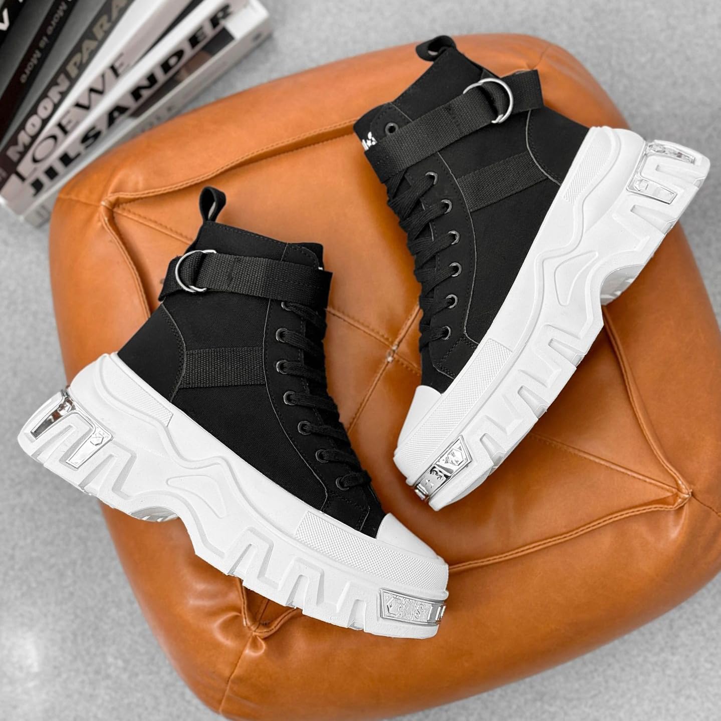 Men's Platform Combat Boots with Strap Avant-Garde Chunky Lace-Up Ankle Boots Warm Canvas Punk Booties