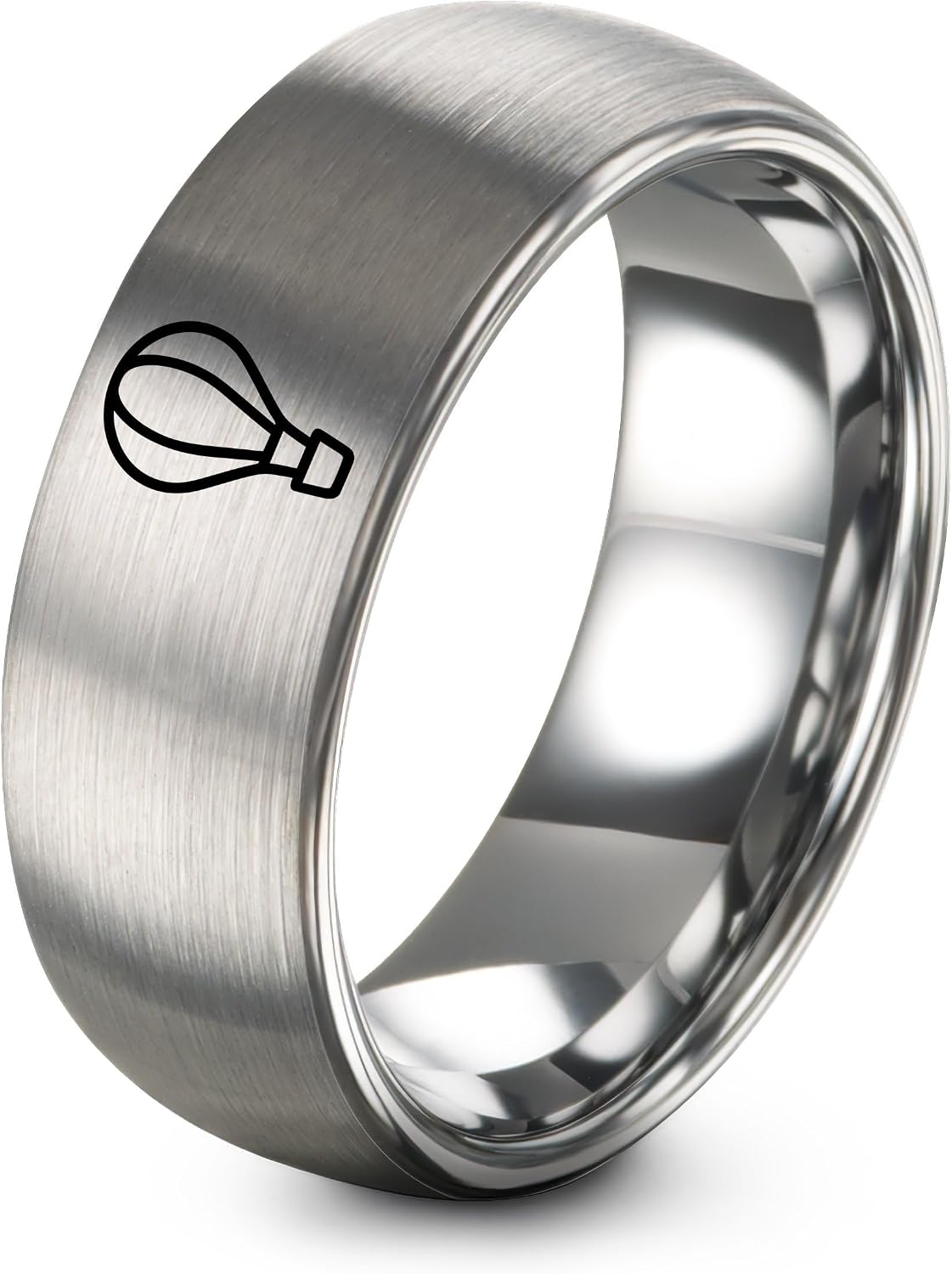 Gift for Ballooning Enthusiast - Hot Air Balloon Ring - Blue Gunmetal Silver - Flat Dome Bevel - Men Women - Anniversary Wedding - Tungsten Carbide - Personalized Custom Engraving - Band - 8mm