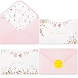 Crisky Baby Cloth 2 Assorted Pink Gold Thank You Cards (25 Pack) with Envelopes & Stickers Greeting Cards Bulk, Watercolor Delicate Wildflower for Baby Shower Party