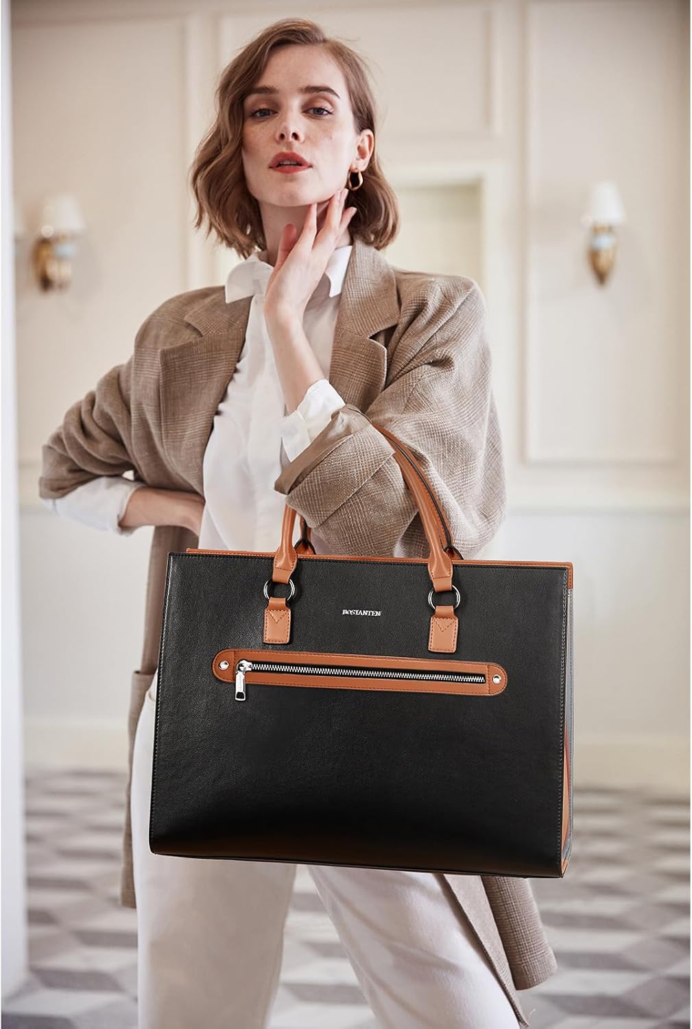 BOSTANTEN Leather Laptop Briefcase for Women Shoulder Bag 15.6 Inch Business Computer Work Tote - Image 2