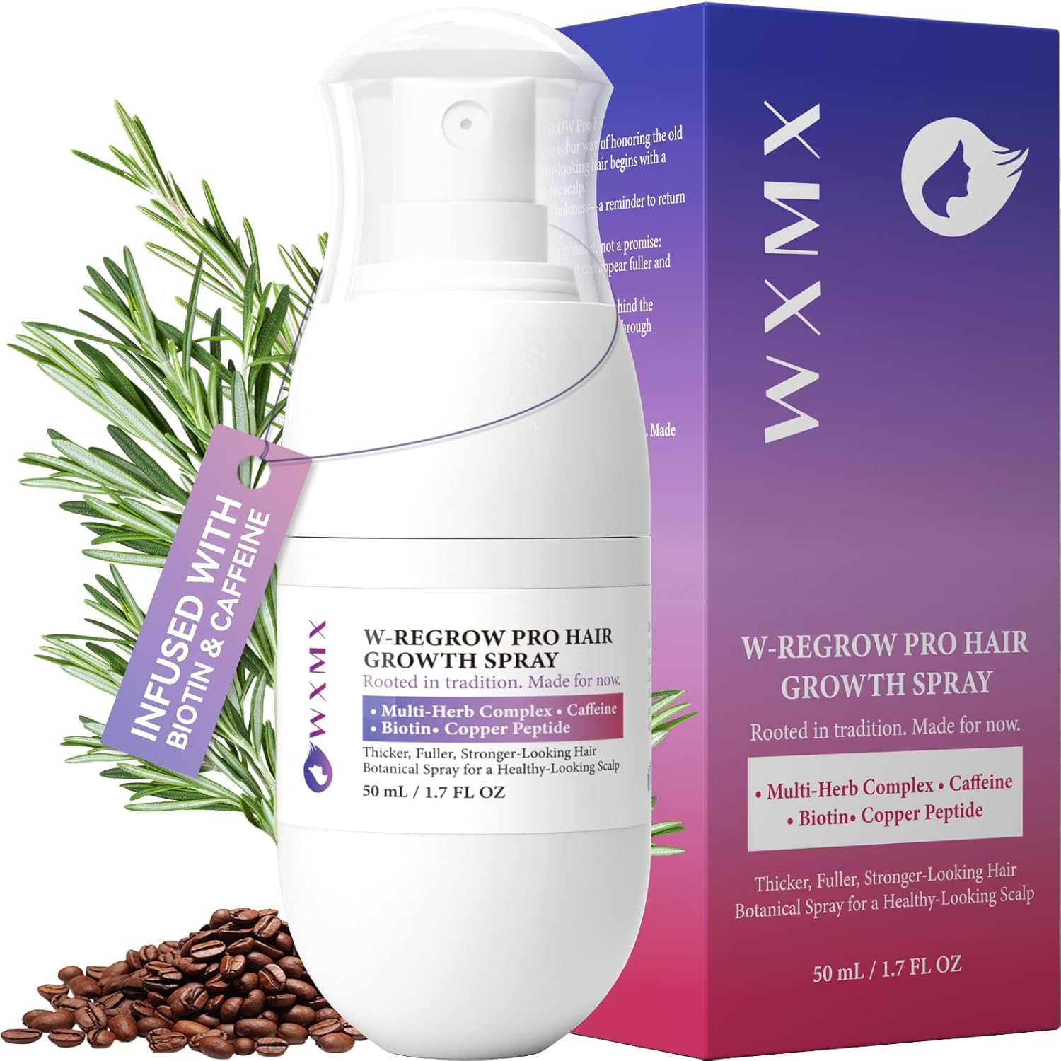 W-Regrow Pro Hair Growth Spray - with Rosemary, Biotin & Caffeine, Rosemary Hair Growth Water Spray Helps Prevent Hair Thinning & Hair Loss, Non-Greasy Scalp Spray (50 mL)