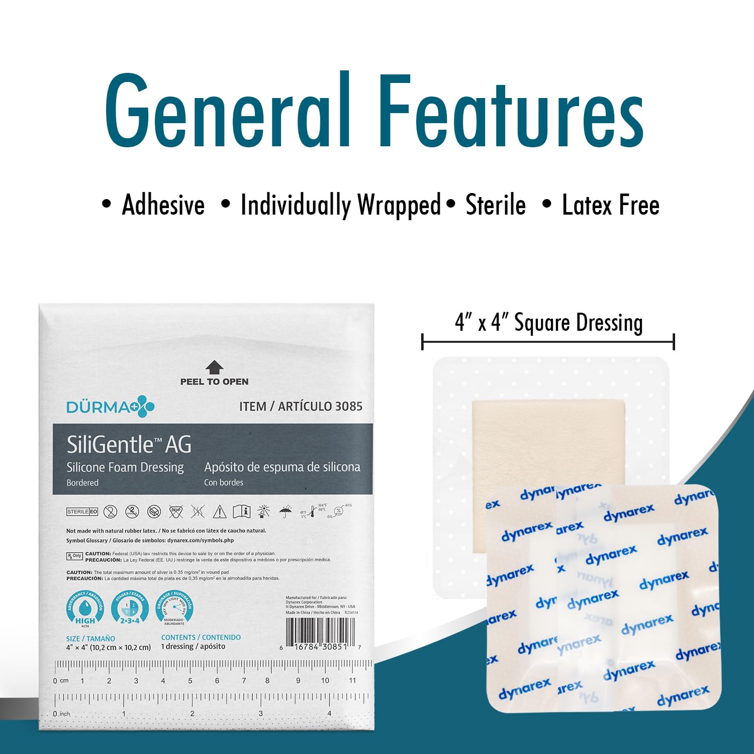Dynarex Siligentle Ag Silver Silicone Bordered Foam Dressing 3085, 4" X 4", 50 Count