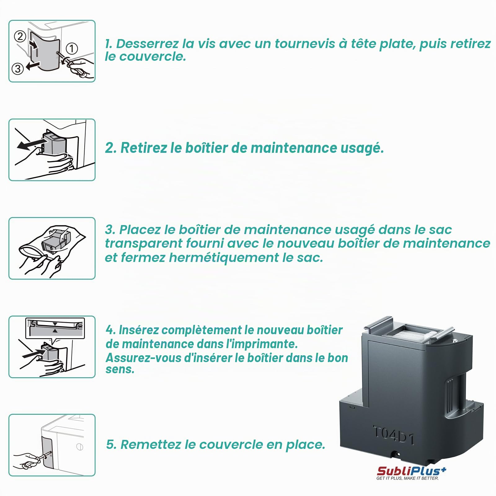 T04D1 Boîte de maintenance d'encre Epson, compatible avec les imprimantes Epson Ecotank ET-15000 ET-3850 ET-4850 WF-2960 XP-5200 ET-4856 ET-3750 XP-5105 XP-5100 WF-2860
