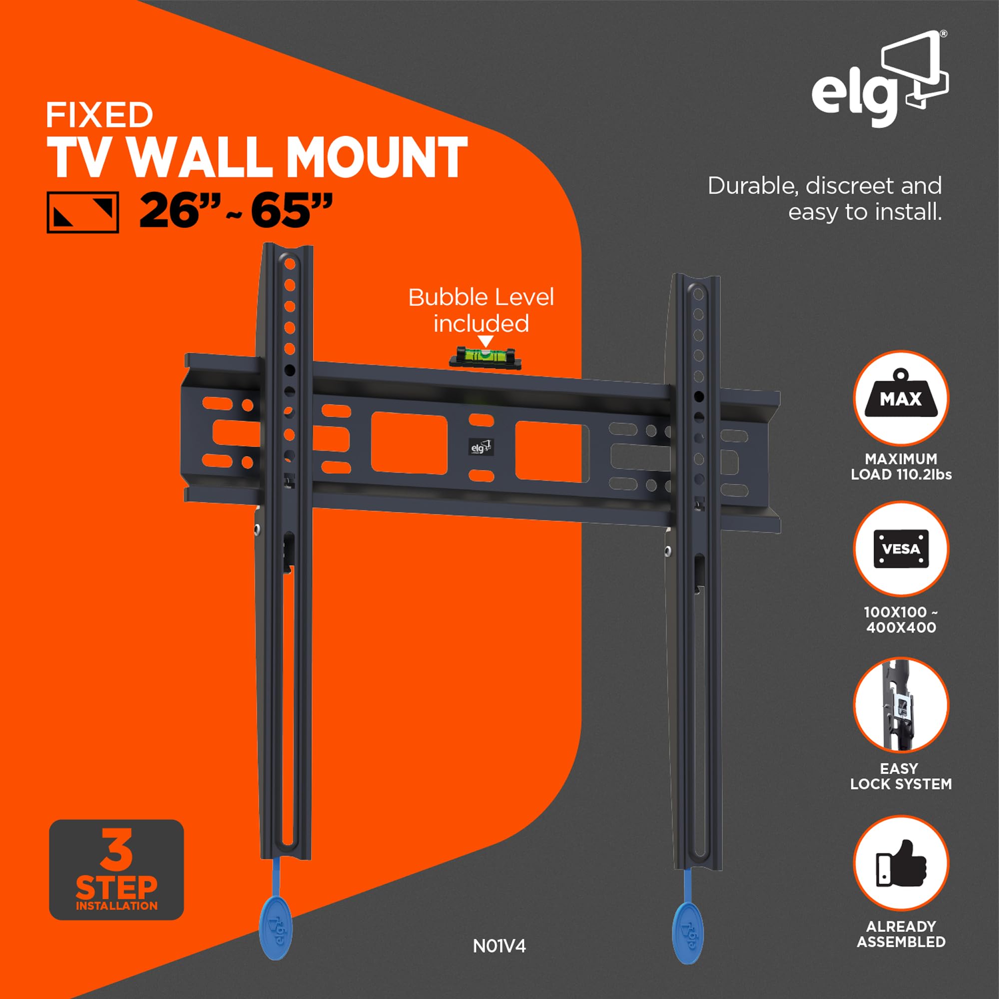 ELG Soporte de pared fijo para TV de perfil bajo para televisores de 32 a 77 pulgadas, soporta hasta 110 libras, VESA máximo 400 x 400 mm, se adapta a pernos de madera de 12 y 16 pulgadas, sistema de