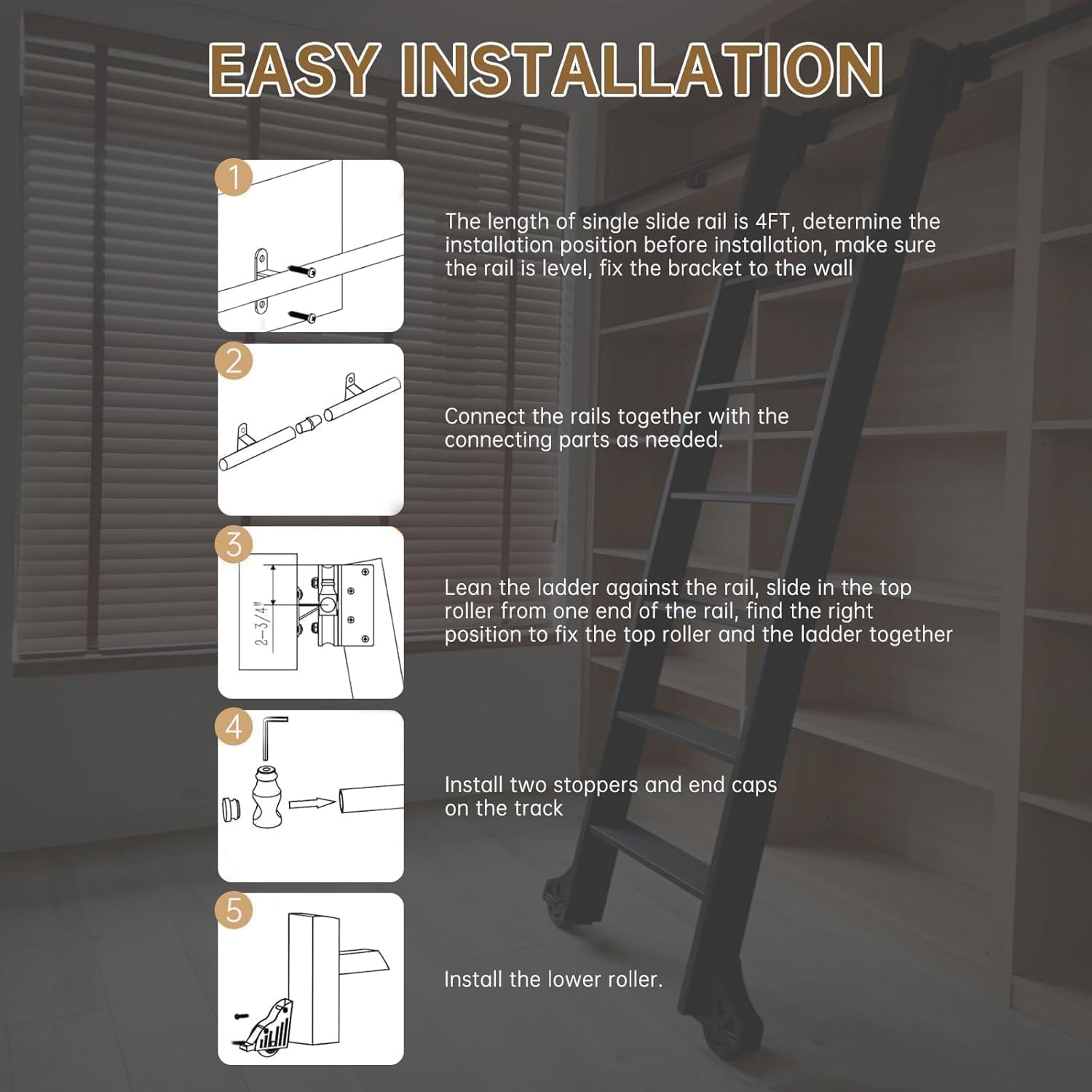 12FT Sliding Library Ladder Hardware Kit, Telescopic Hook & Bottom Wheel with Brake, Black Sliding Track for Bookcase Attic Loft, 300lb Capacity (No Ladder)