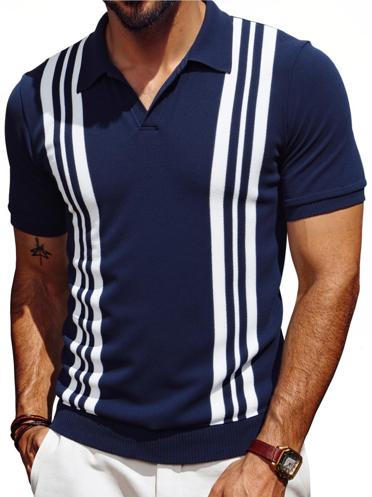 Les umes Polo Uomo A Righe Retro Scollo a V Manica Corta Maglia Cotone Estate Golf Casual