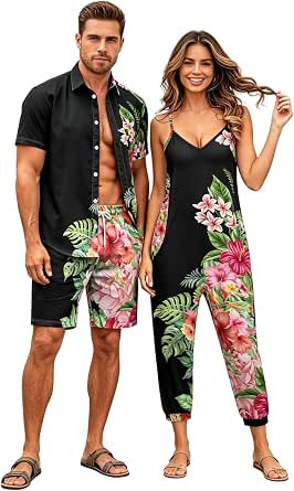Matchable Couple Hawaiian Luau Men Shirt or Women V-Neck Jumpsuit