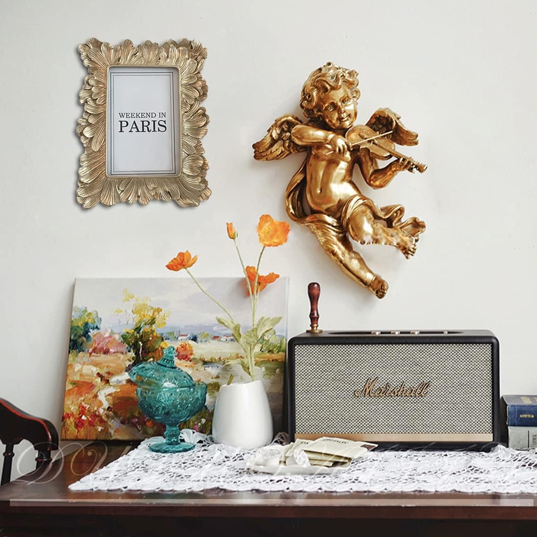 CISOO Vintage 5x7 Picture Frame Antique Photo Frame Table Top Display and Wall Hanging, Retro Home Decor, Ornate Photo Gallery Art (Pale Gold)