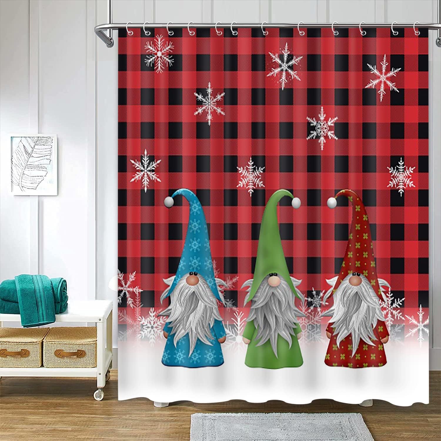 ChloropLastid Christmas Gnomes Shower Curtain Winter Red Black Buffalo