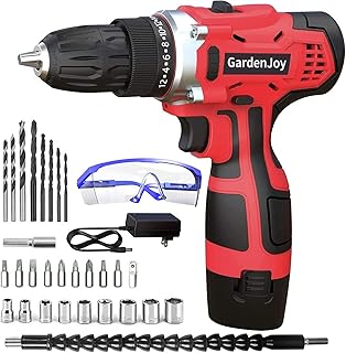 GardenJoy Cordless Power Drill Set: 12V Electric Drill with Fast Charger 3/8-Inch Keyless Chuck 2 Variable Speed 24+1 Torq...